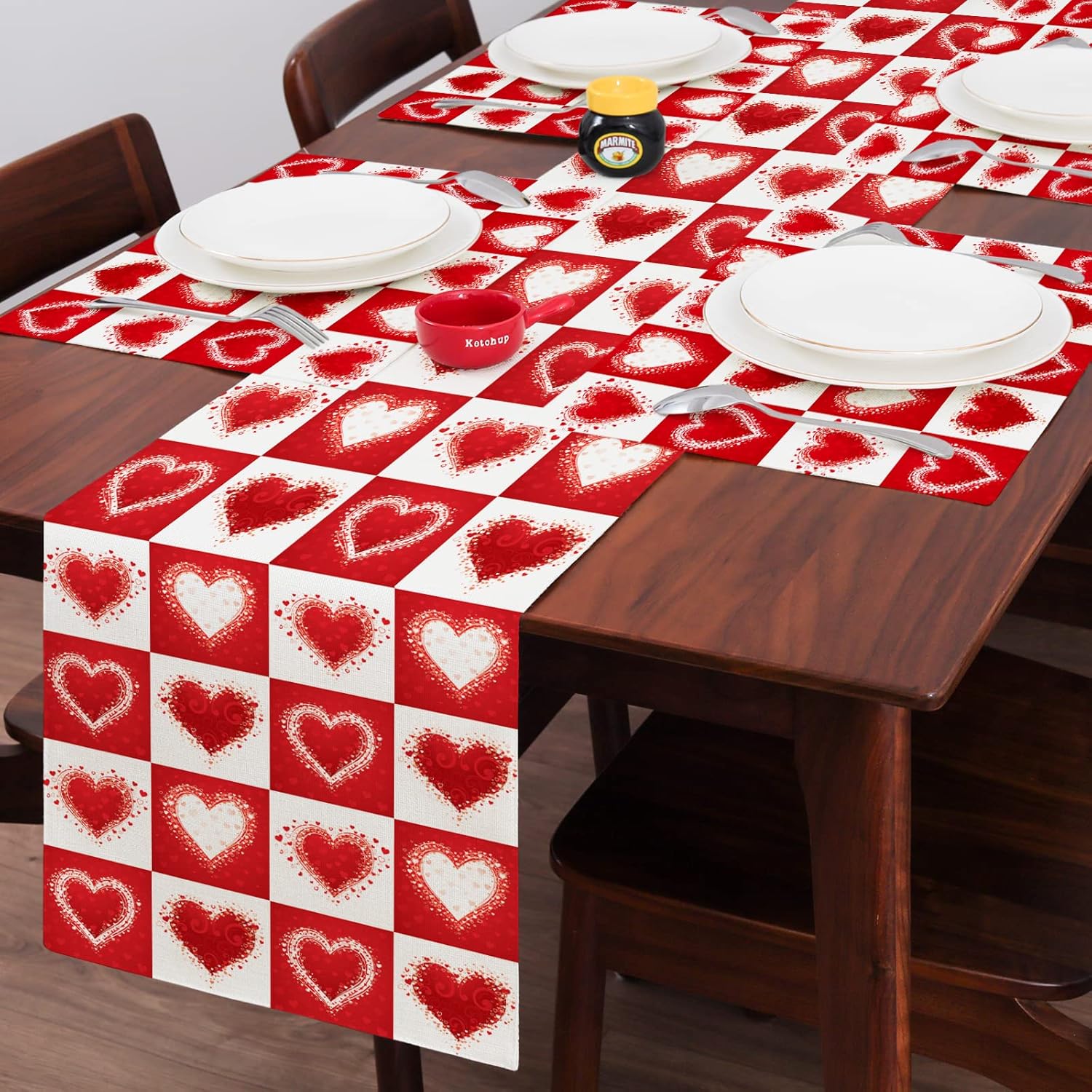 Camino de mesa para el día de San Valentín de 108 pulgadas de largo con corazón a cuadros para decoración de mesa de comedor para vacaciones, boda,