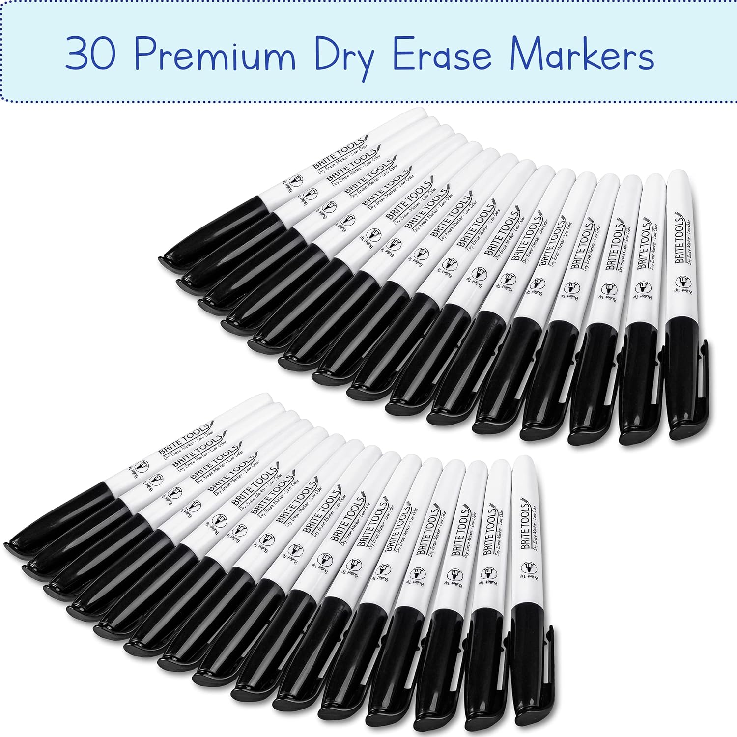 Brite Tools 30 marcadores negros de borrado en seco de bajo olor con punta fina y bolsa de almacenamiento para pizarra blanca, niños, estudiantes,