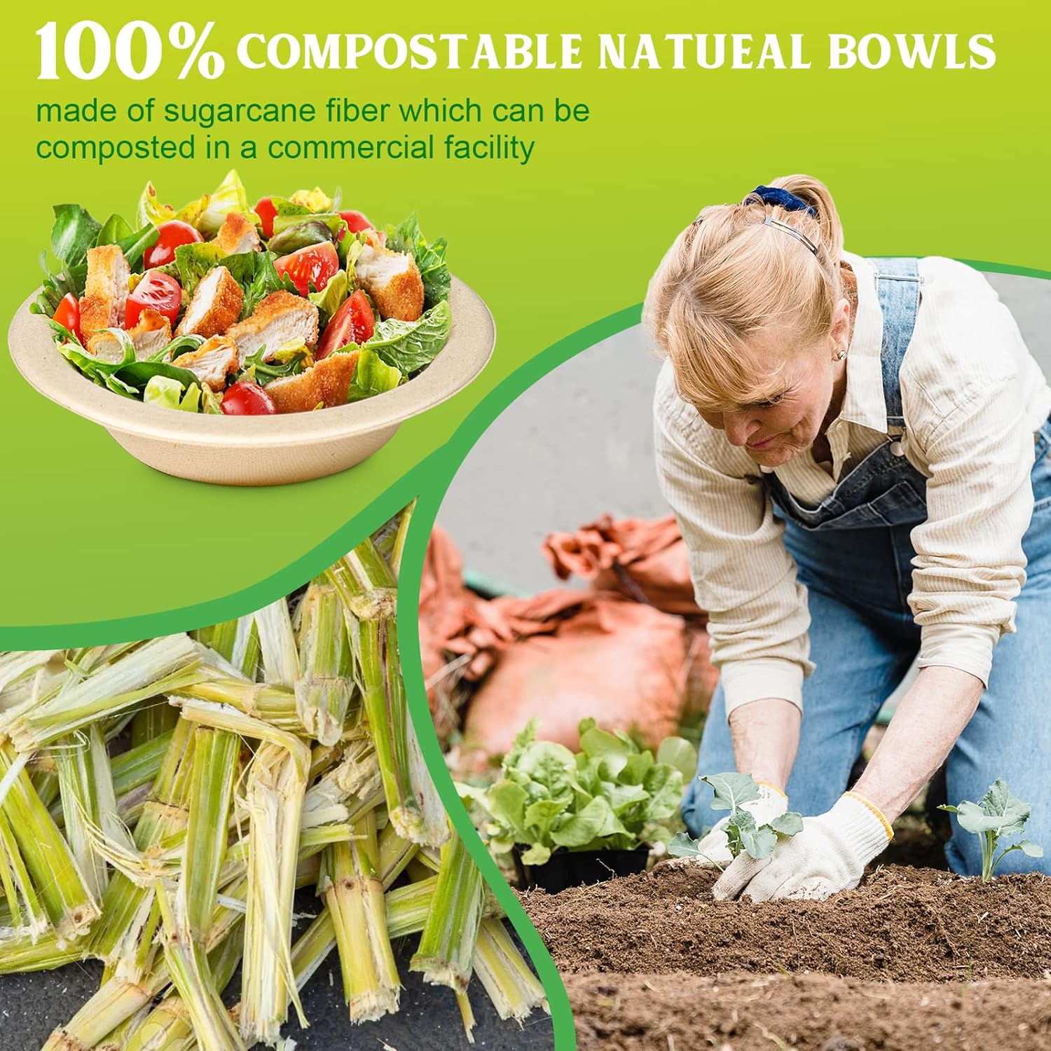 greensight Cuencos de papel desechables de 12 onzas, paquete de 100 cuencos compostables ecológicos, cuencos de fiesta para ensalada, helado, postre