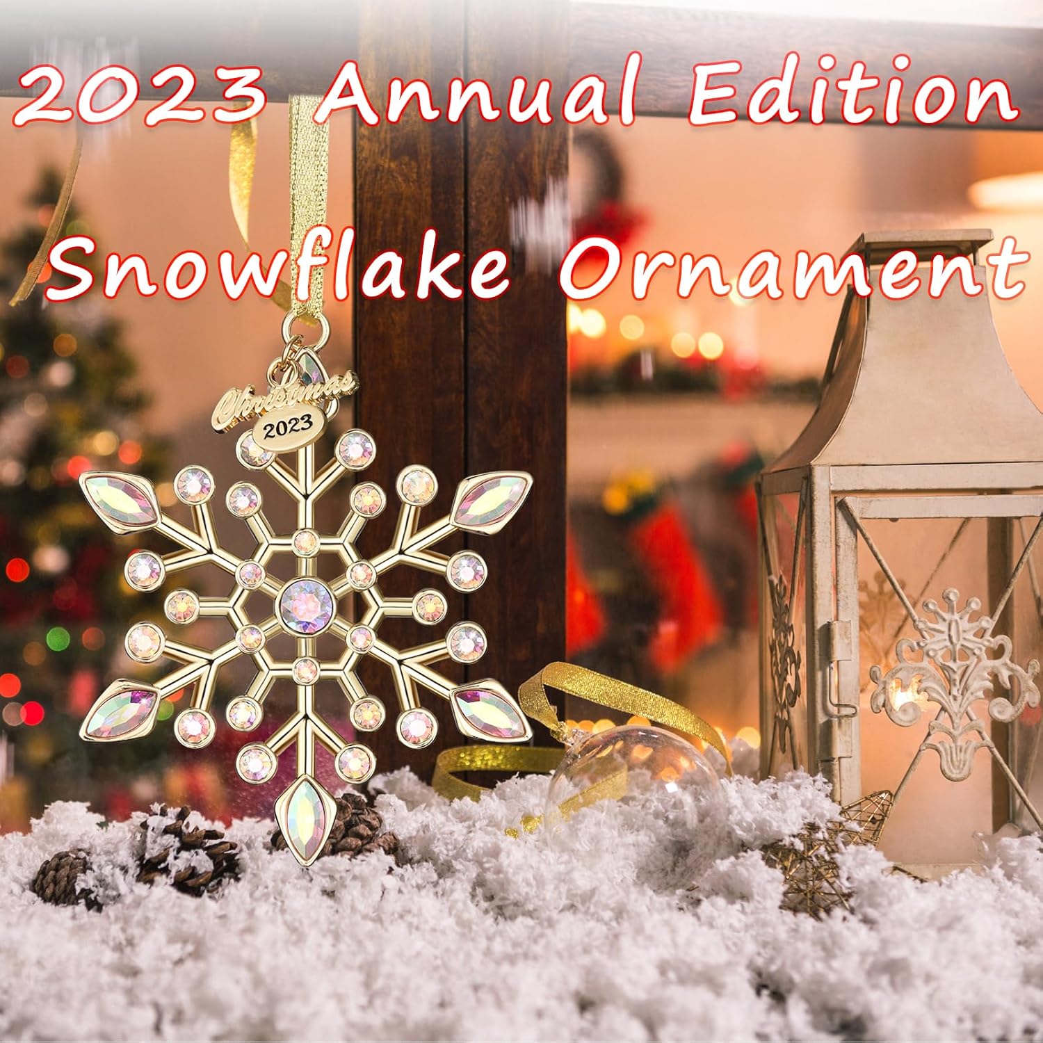 Venhoo Adornos navideños de copo de nieve 2023, diamantes de imitación metálicos colgantes con purpurina, copos de nieve, decoración de árbol de