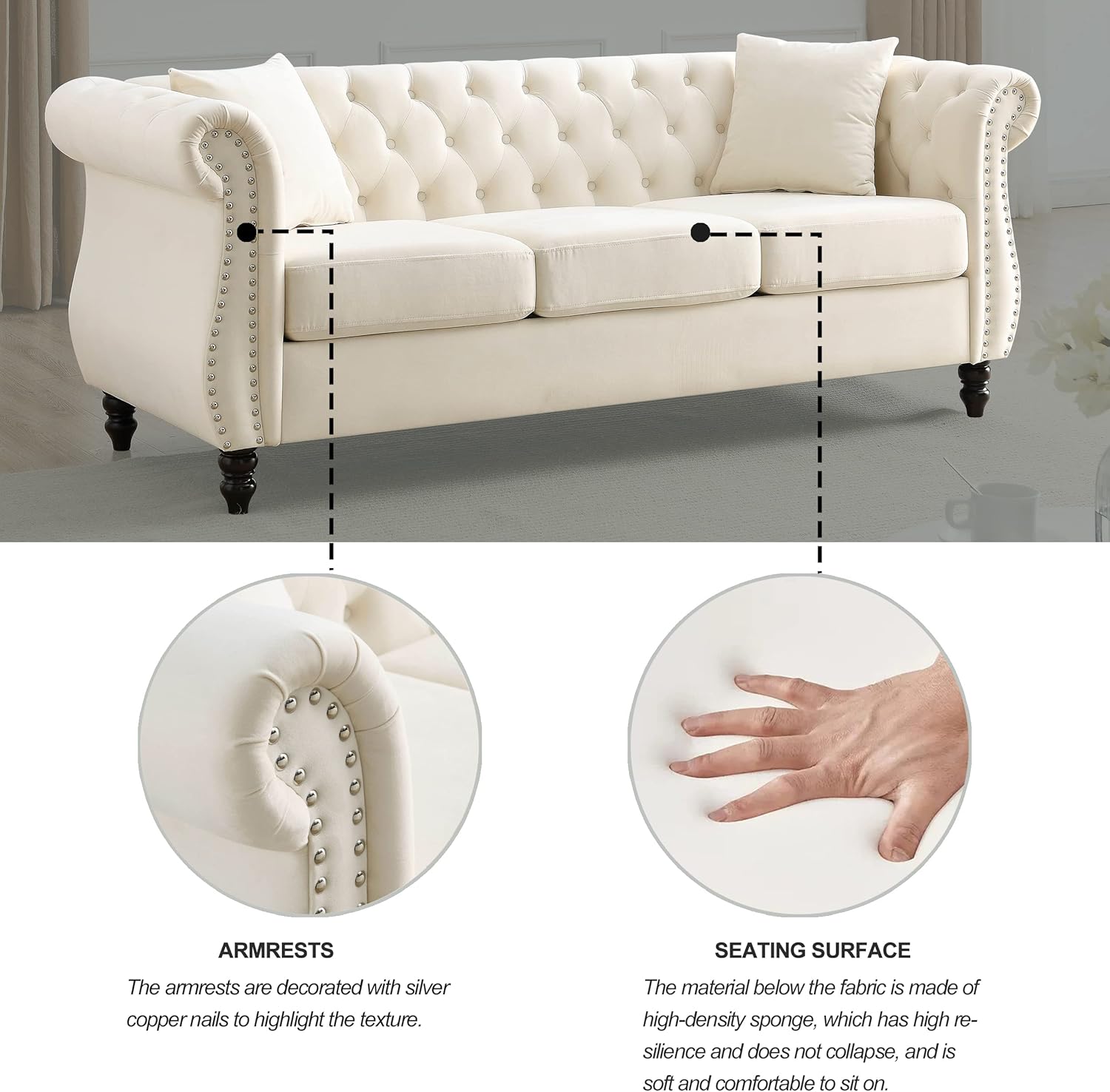 Sofá Chesterfield de terciopelo de 80 pulgadas, sofá de 3 plazas con dos almohadas, cabeza de clavos y brazos enrollados, sofá tapizado con respaldo