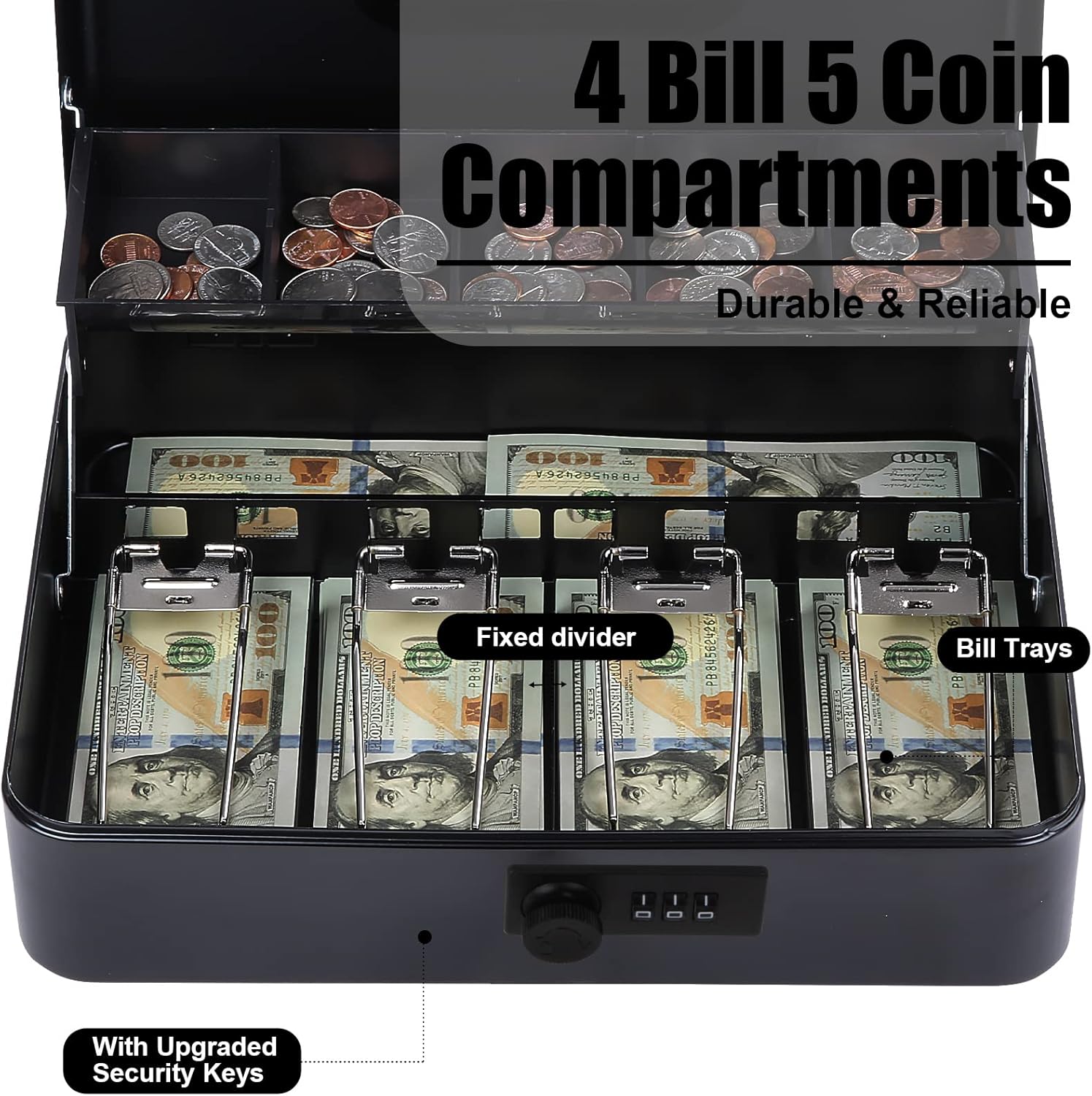 Caja de dinero grande con cerradura de combinación y bandeja de dinero, caja de dinero con bandeja para efectivo, caja fuerte con cerradura para