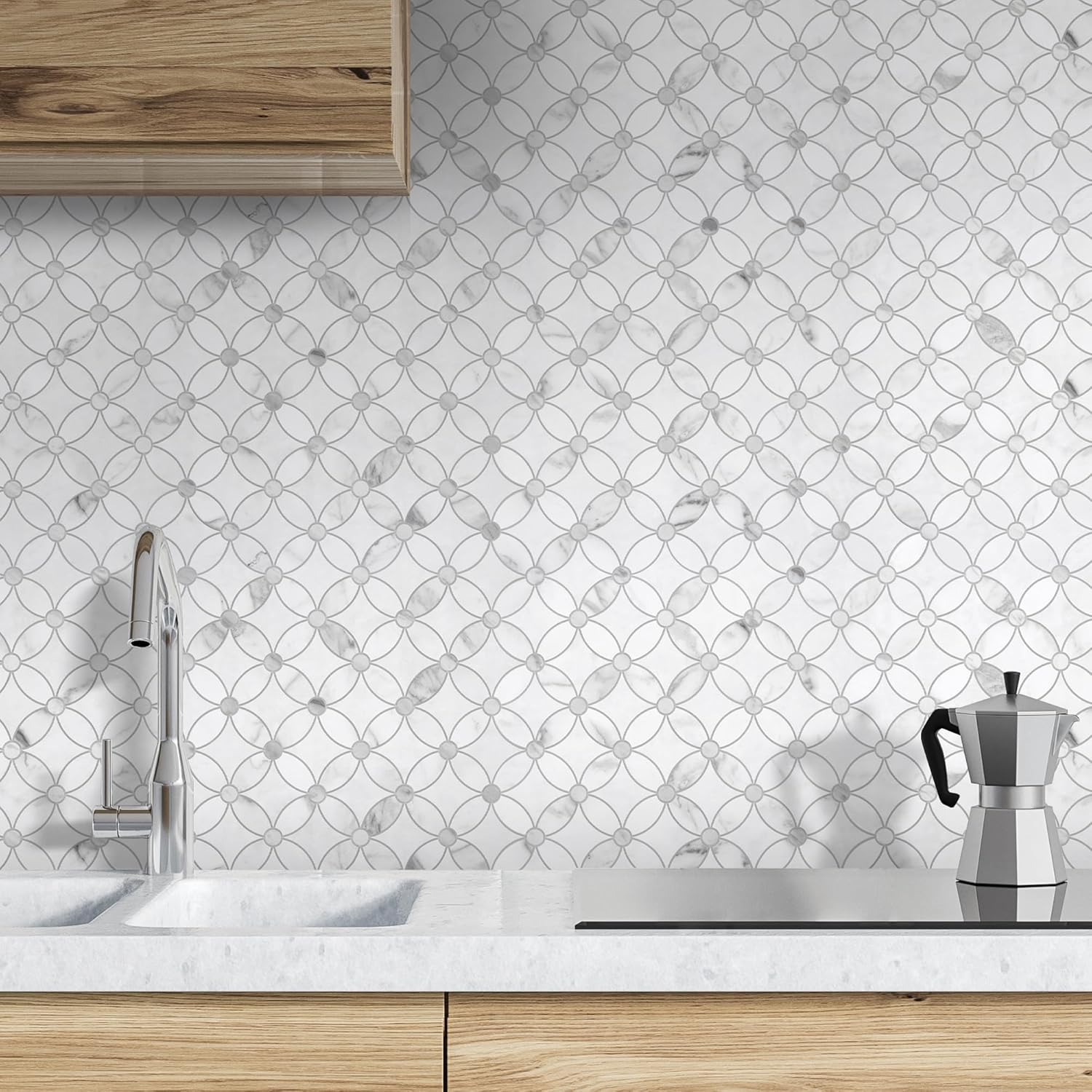 SUNWINGS Azulejos autoadhesivos de 10 hojas para salpicadero con chorro de agua, paneles de pared de mármol blanco, para cocina, baño, chimenea