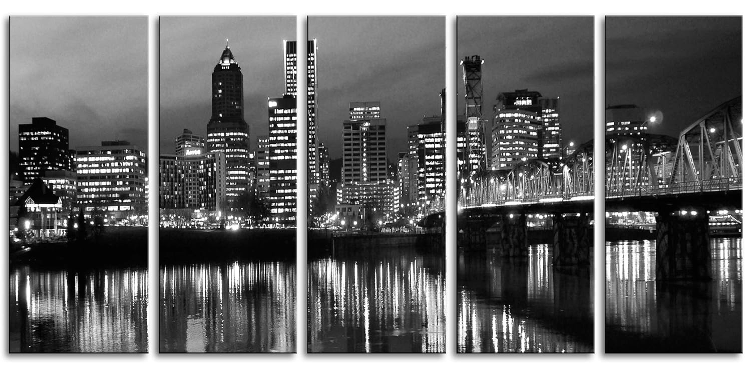 XLARGE 30″x 70″ 5 Panels 30″x14″ Ea Art Canvas Print Portland Oregon skyline Black & white Wall Home decor (framed 1.5″ depth)