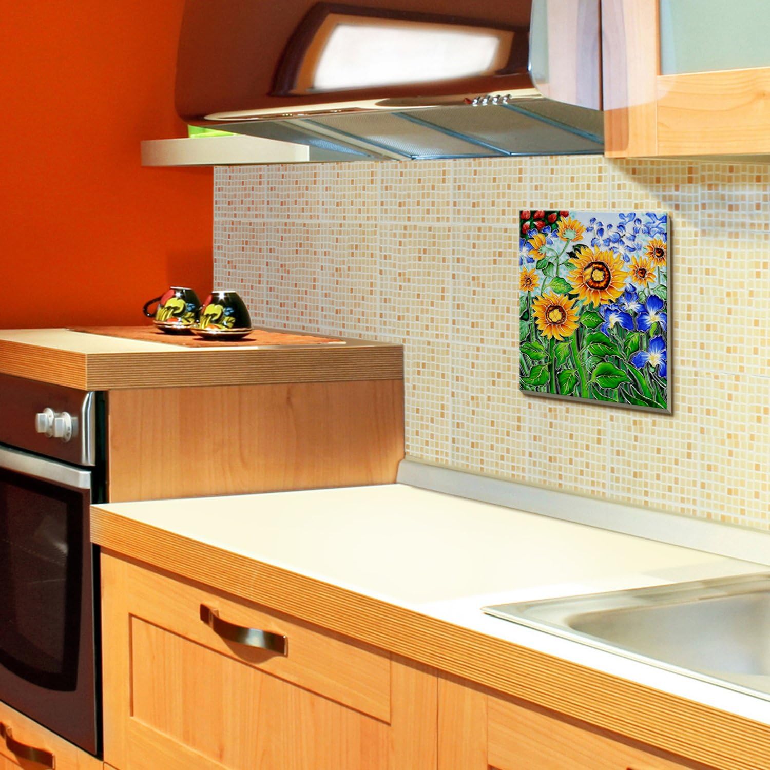 overstockArt Vincent Van Gogh Girasoles y lirios de 11 pulgadas por 14 pulgadas – Azulejo decorativo para pared, parte trasera de fieltro