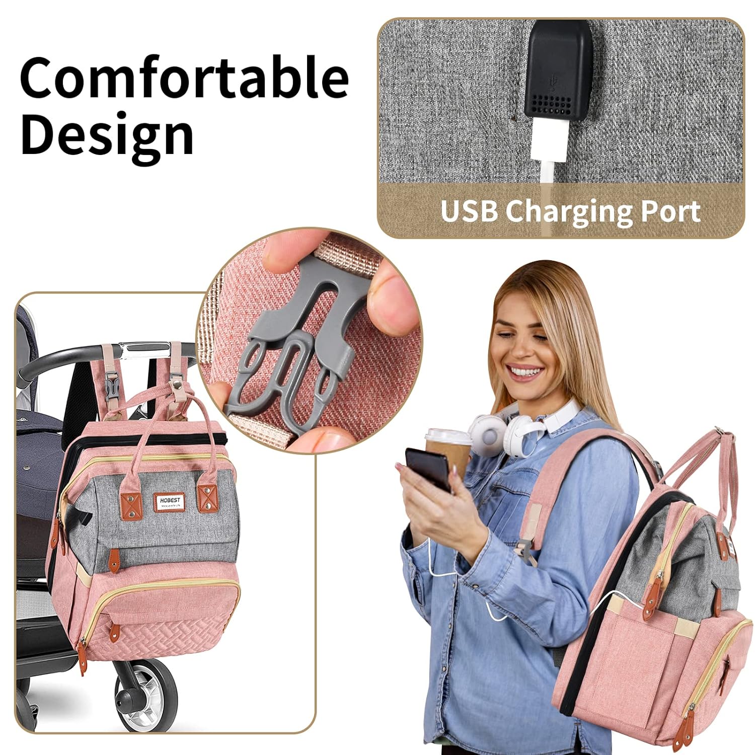Mochila para pañales, bolsa de pañales de viaje grande multifunción con cambiador y puerto de carga USB para mamás papás, bolsa de bebé unisex