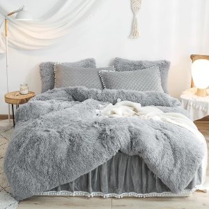 HAIHUA Juego de funda de edredón de piel sintética gris tamaño individual, juego de funda de edredón lanuda de felpa esponjosa (1 funda de edredón HAIHUA Juego de funda de edredón de piel sintética gris tamaño individual, juego de funda de edredón lanuda de felpa esponjosa (1 funda de edredón