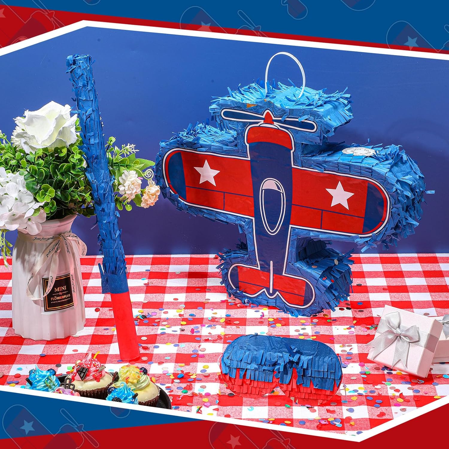 Piñata de avión de 16 x 12 x 3 pulgadas, paquete de piñata de avión con palo para vendar los ojos y confeti para fiesta temática de avión, piñata