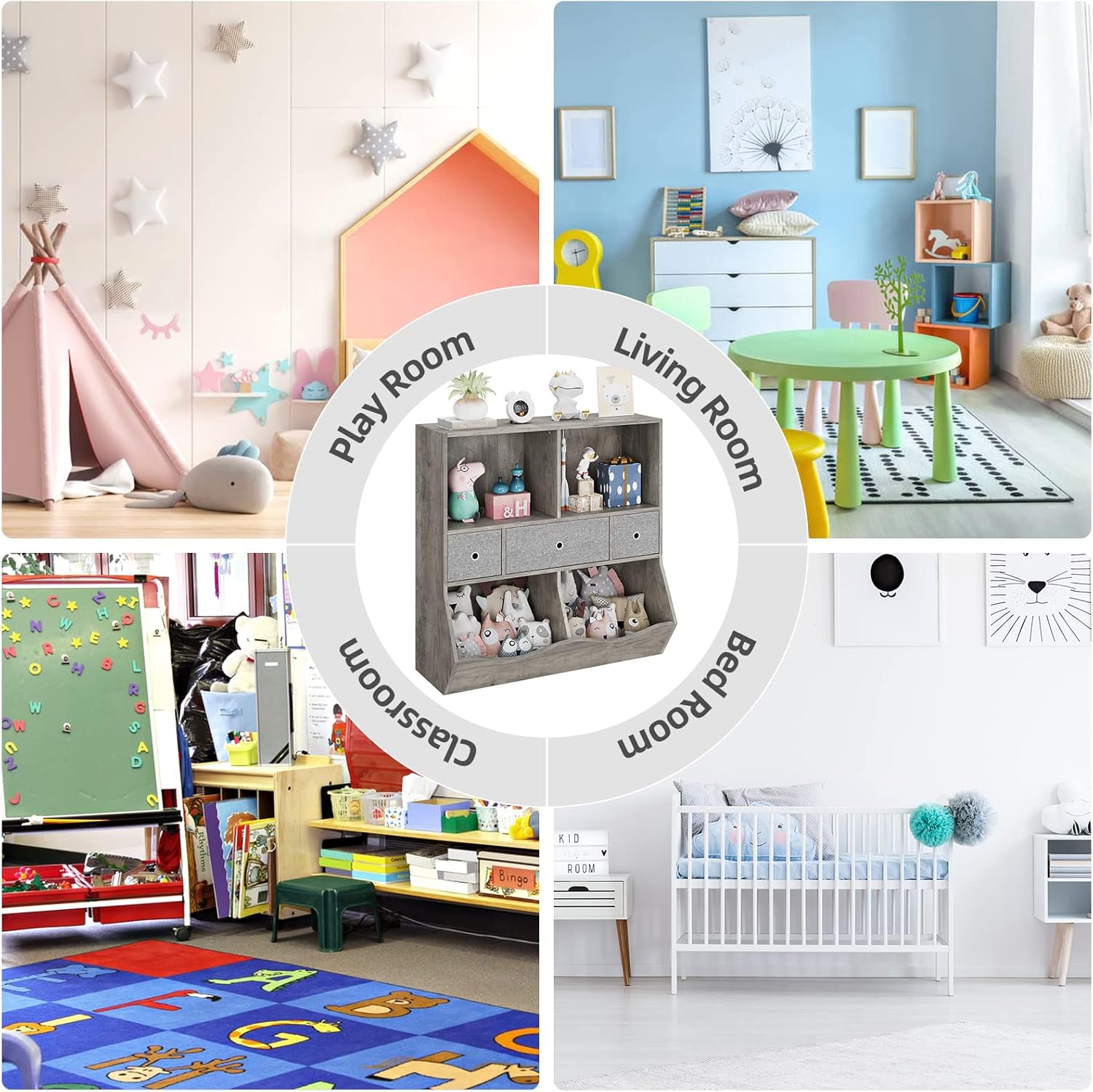 IDEALHOUSE Estantería para niños y organizador de almacenamiento de juguetes con 3 cajones móviles, armario de almacenamiento de piso con 4