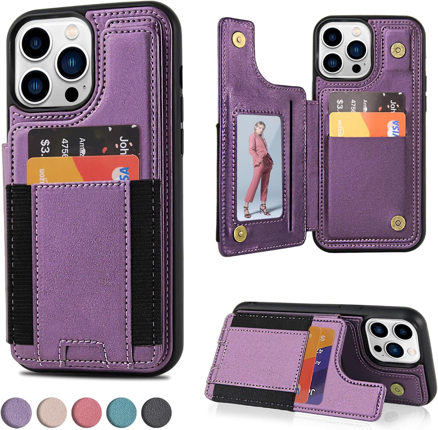 Funda con tapa para iPhone 15 Pro, funda tipo cartera de poliuretano con diseño de banda elástica con soporte para tarjetas, funda protectora de