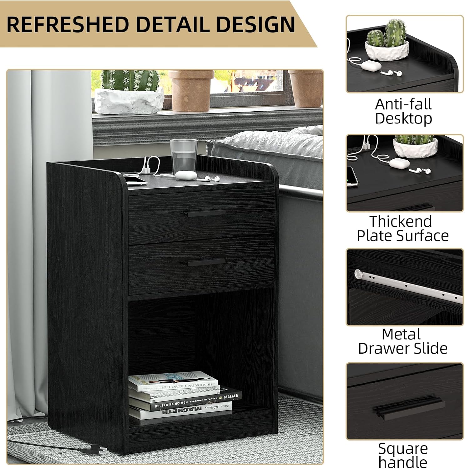 Mesas de noche, mesita de noche LED con estación de carga, mesa auxiliar pequeña de madera con cajón para dormitorio, sala de estar, color negro