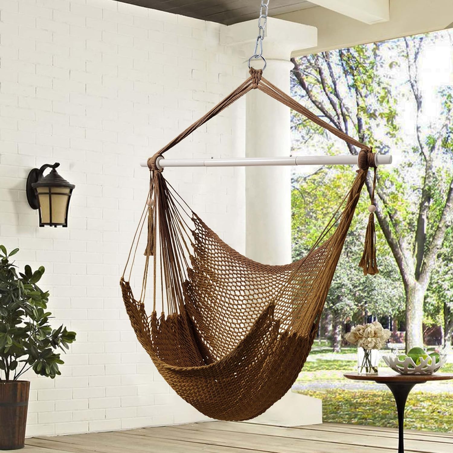 Lazy Daze – Silla tipo hamaca estilo caribeño silla columpio de cuerda colgante caribeña, barra separadora de acero extraíble de 40 pulgadas con