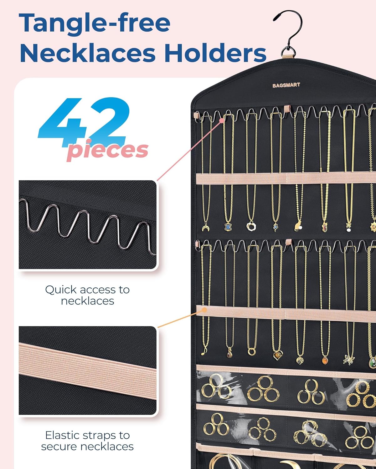 BAGSMART Organizador de joyas colgante con ganchos de metal, soporte de joyería de doble cara para organizar aretes, collares, anillos, perfecto
