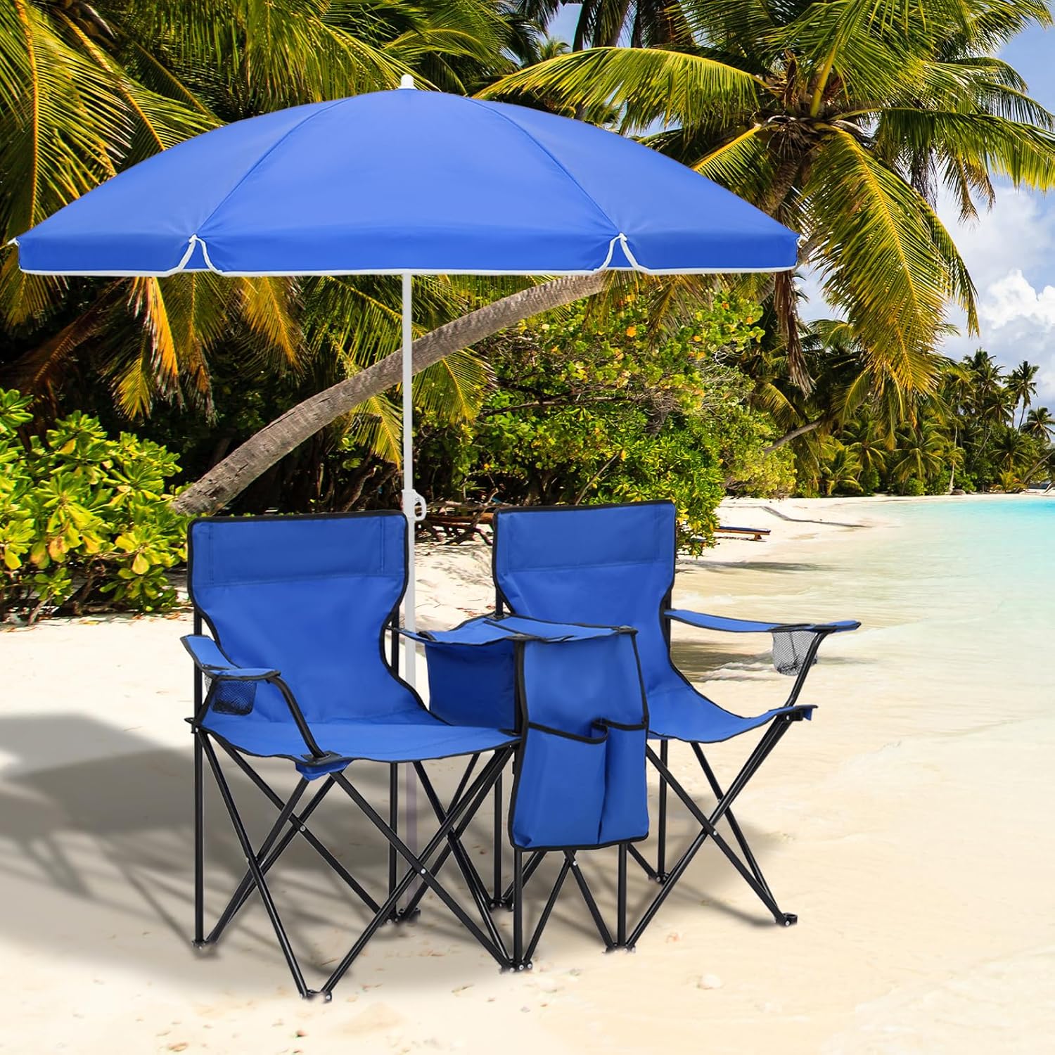 Magshion Silla de campamento doble con paraguas y enfriador para adultos, silla plegable de alta resistencia, color azul marino