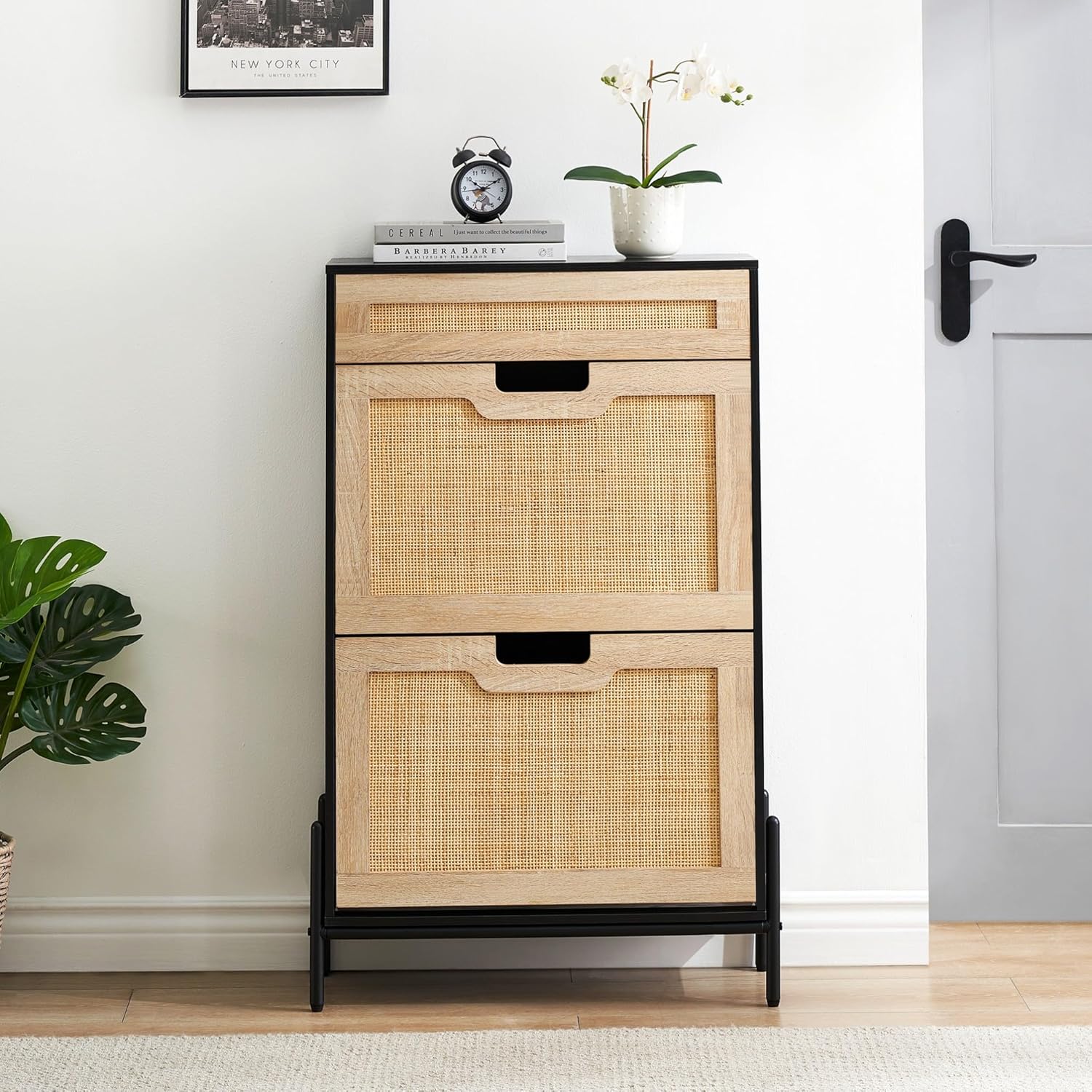 IDEALHOUSE Gabinete de 2 puertas abatibles de ratán natural con 1 cajón, organizador de zapatos independiente, zapatero para entrada con estantes