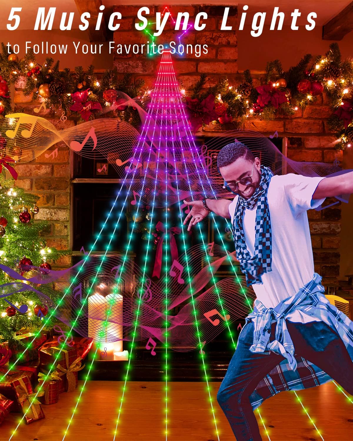 Luces de decoración de árbol de patio al aire libre, pantalla personalizada inteligente de 11.8 pies, 64 modos, cascada de patio, árbol de Navidad,