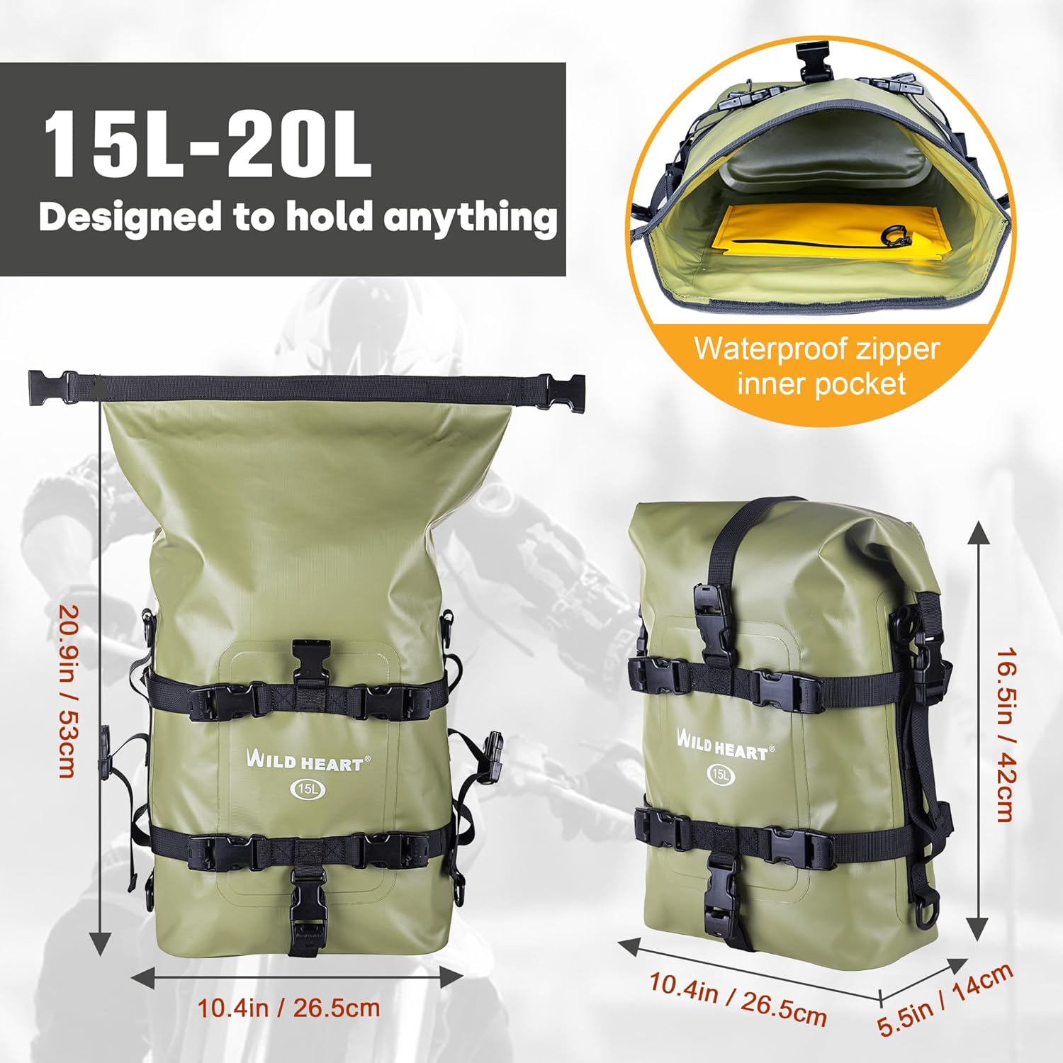 WILD HEART Bolsa seca impermeable para motocicleta, bolsa de barra de choque, bolsa de motocicleta utilizada como equipaje de motocicleta, barra de