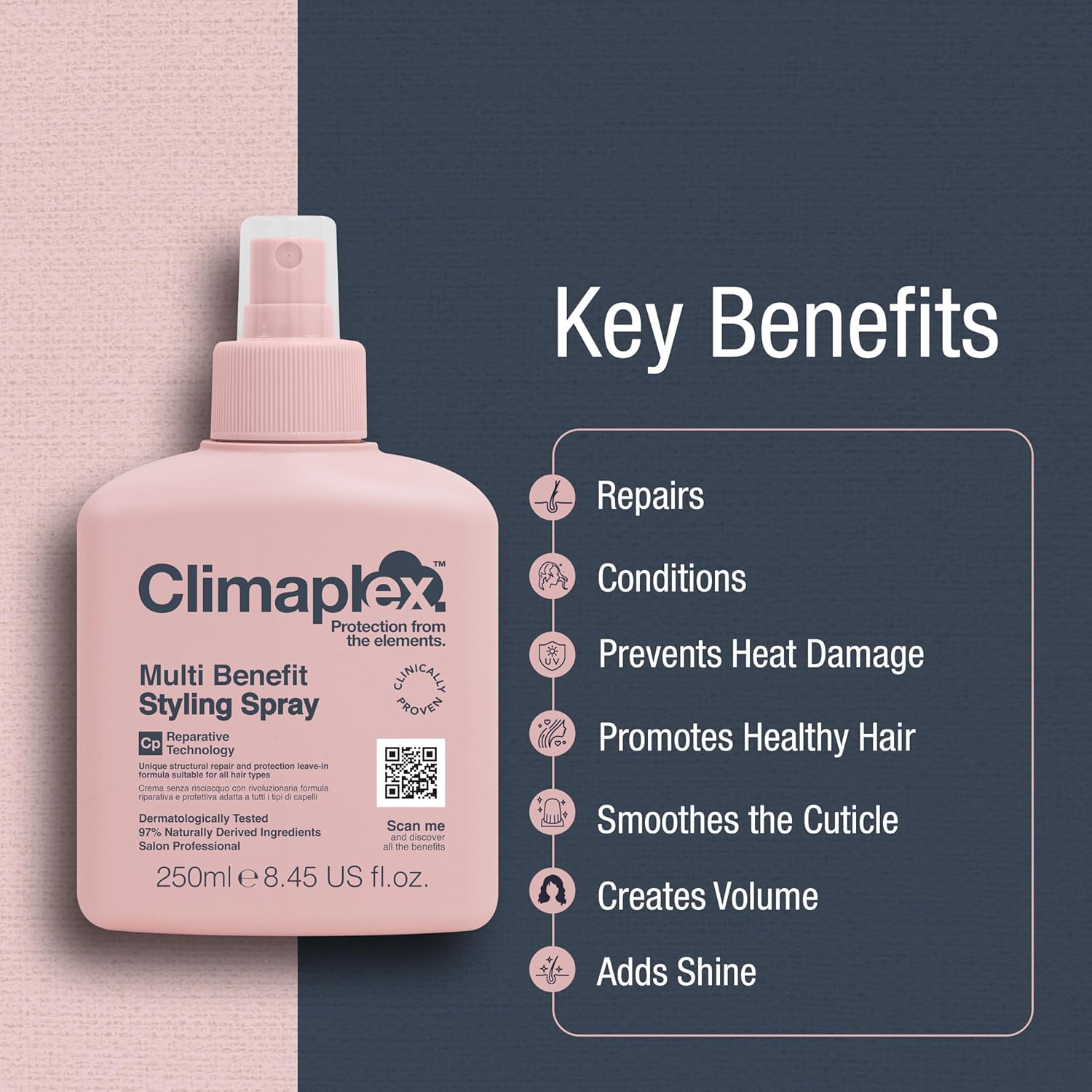 Climaplex Spray de peinado multibeneficio  Control de encrespamiento antihumedad  Ayuda a fortalecer y prevenir daños por calor  Contiene beneficios