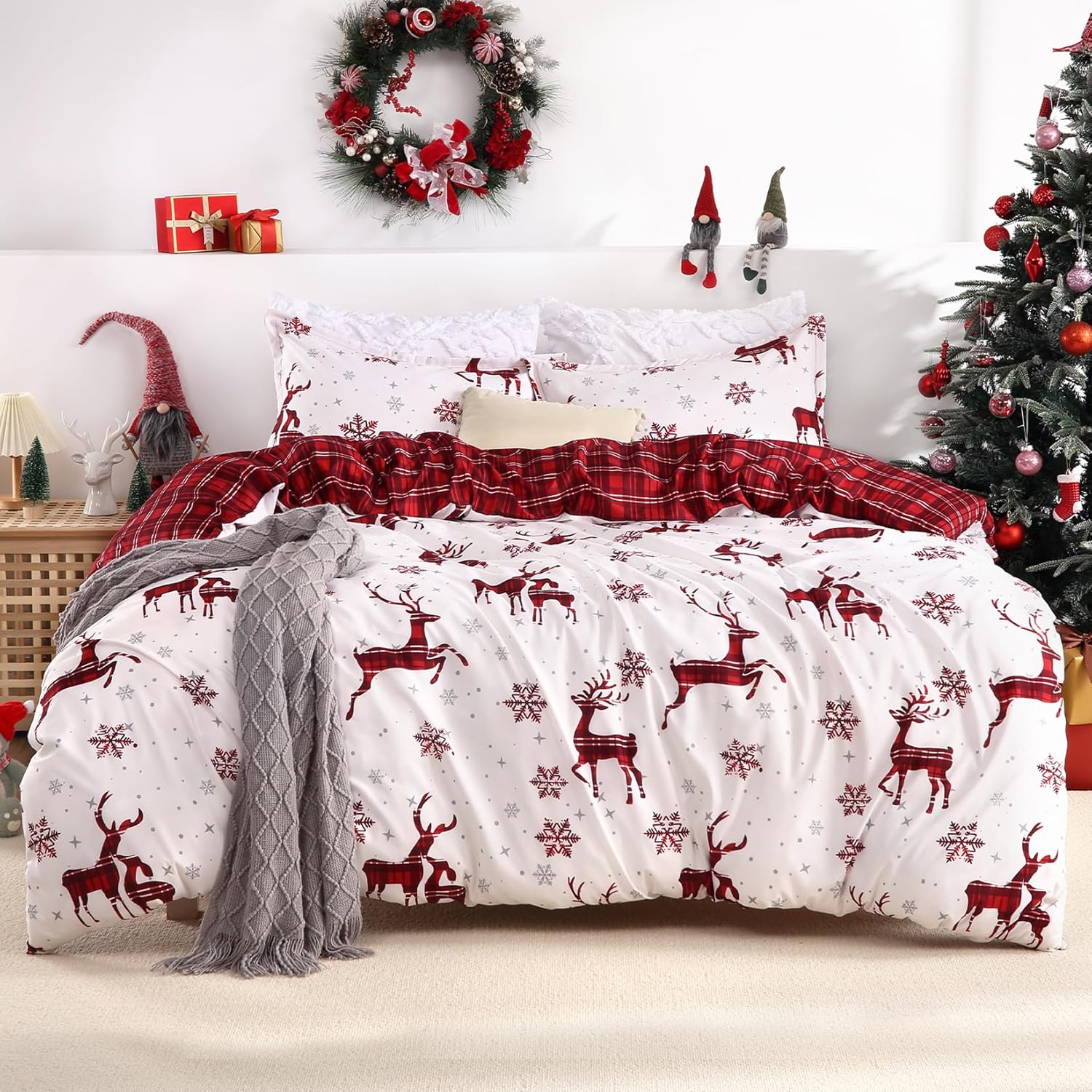 Juego de funda de edredón de Navidad tamaño individual para niños, juego de funda de edredón de microfibra cepillada suave con estampado de renos