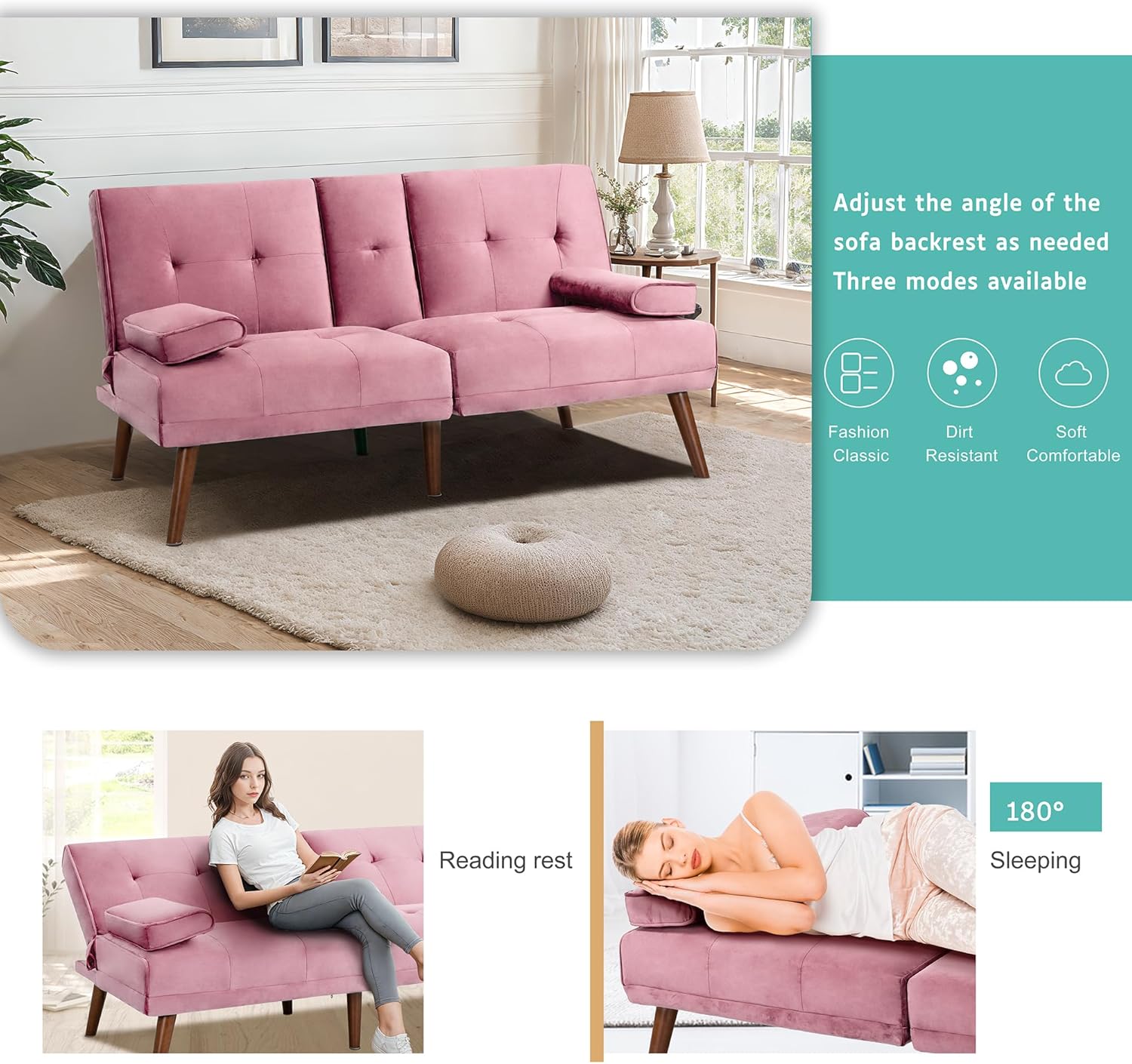 Meilocar Sofá cama de terciopelo, sofá biplaza de 60 pulgadas con reposabrazos extraíbles, cama de invitados ajustable para espacios pequeños,