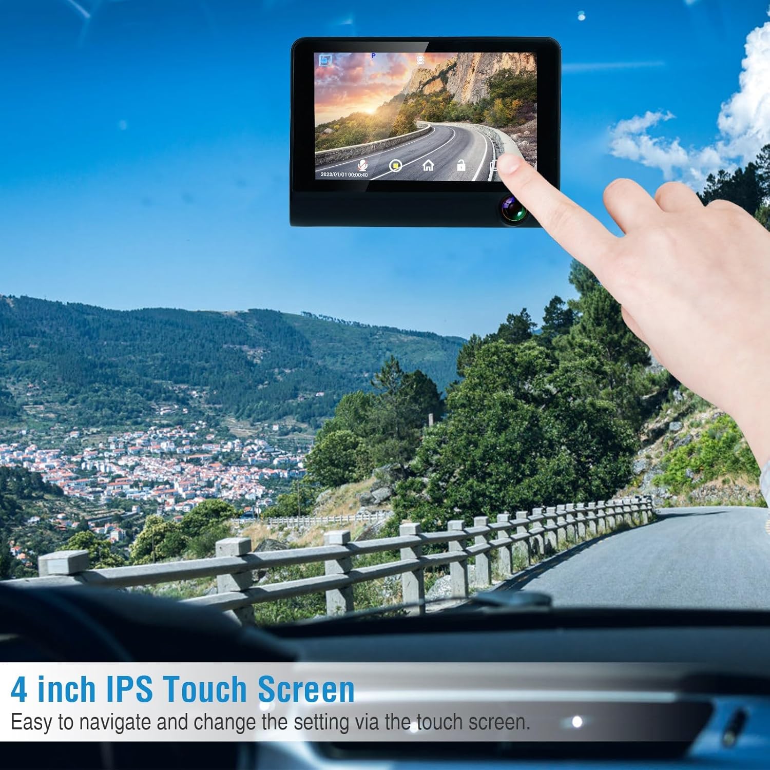iMountek Cámara de tablero 1080P 4 pulgadas pantalla táctil 3 canales cámara frontal interior y trasera 140 HD gran angular vehículo conducción