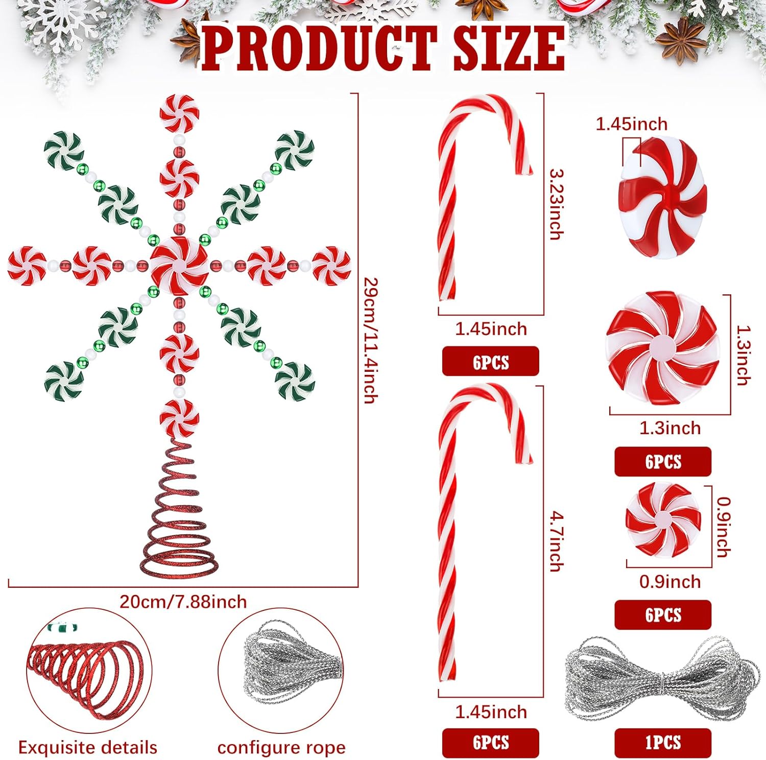 Shappy Juego de 26 adornos de árbol de Navidad con forma de copo de nieve de caramelo, bastones de caramelo de menta, adornos para árbol de Navidad,