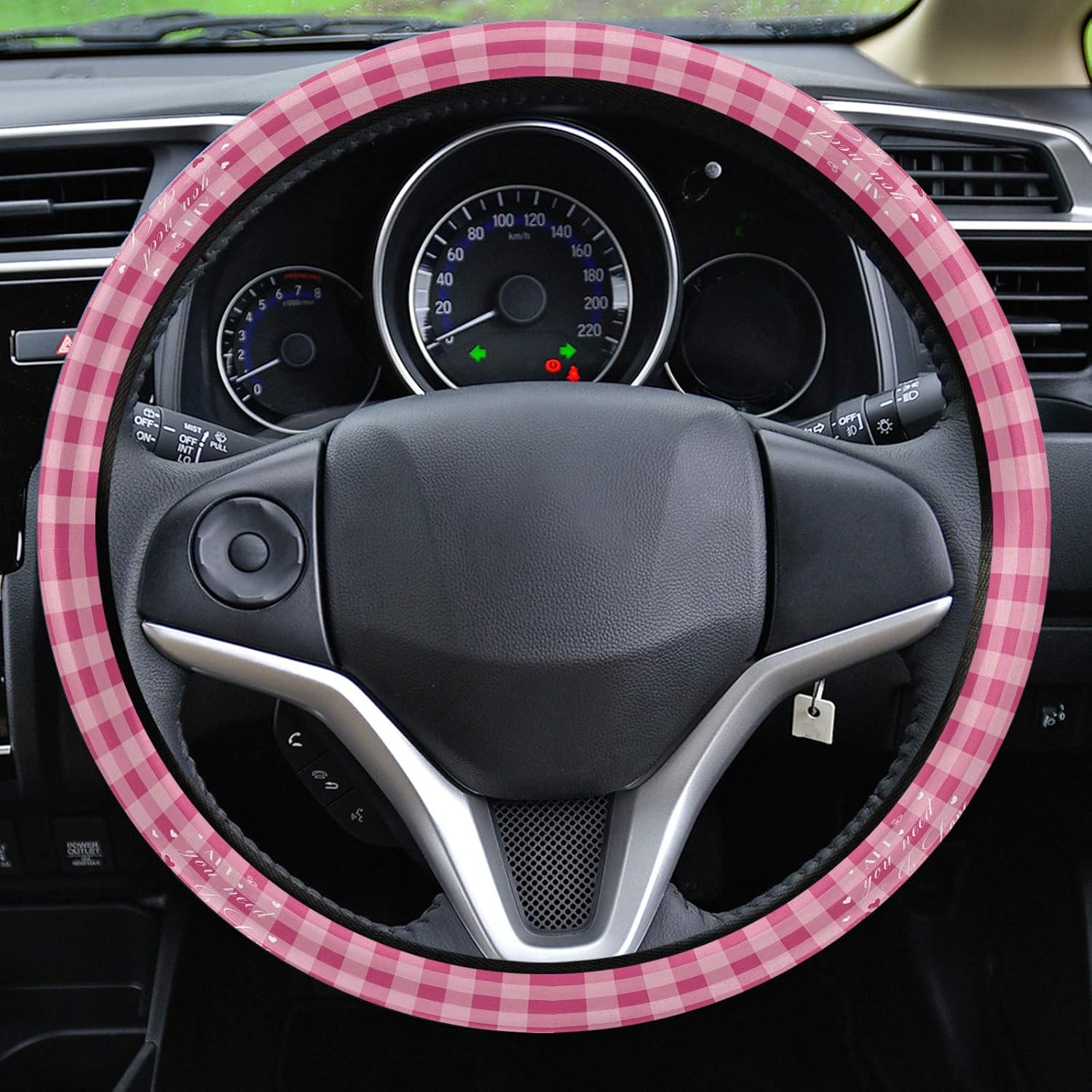 Car Steering Wheel Cover, Heart Shape Pink Truck Buffalo Plaid Elastic Stretch Sponge Steering Wheels Protective Cover for Vehicles Trucks SUVs