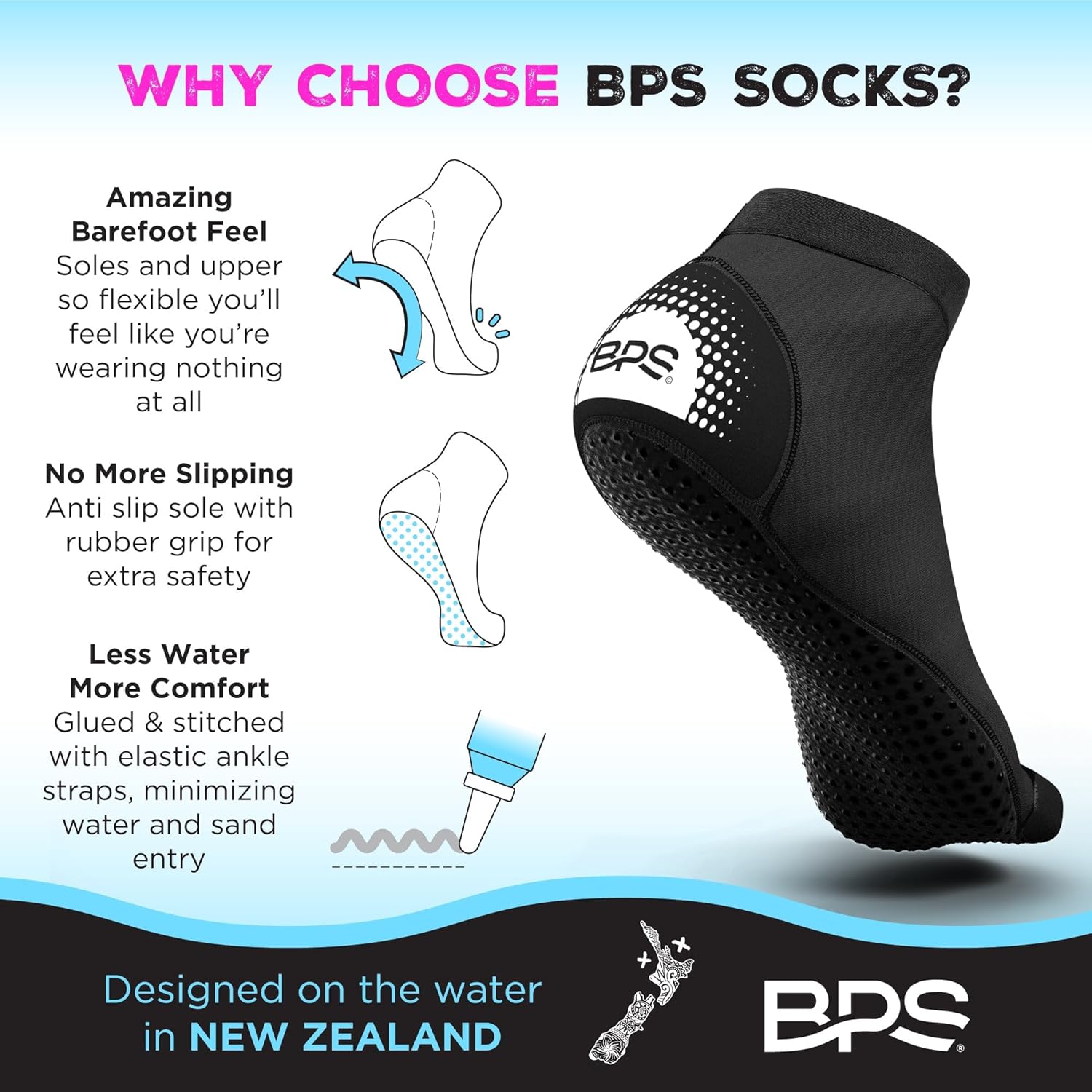 BPS Calcetines de agua suaves y ultra elásticos de Nueva Zelanda ‘Second Skin’, unisex, para voleibol de playa, aletas de natación, actividades