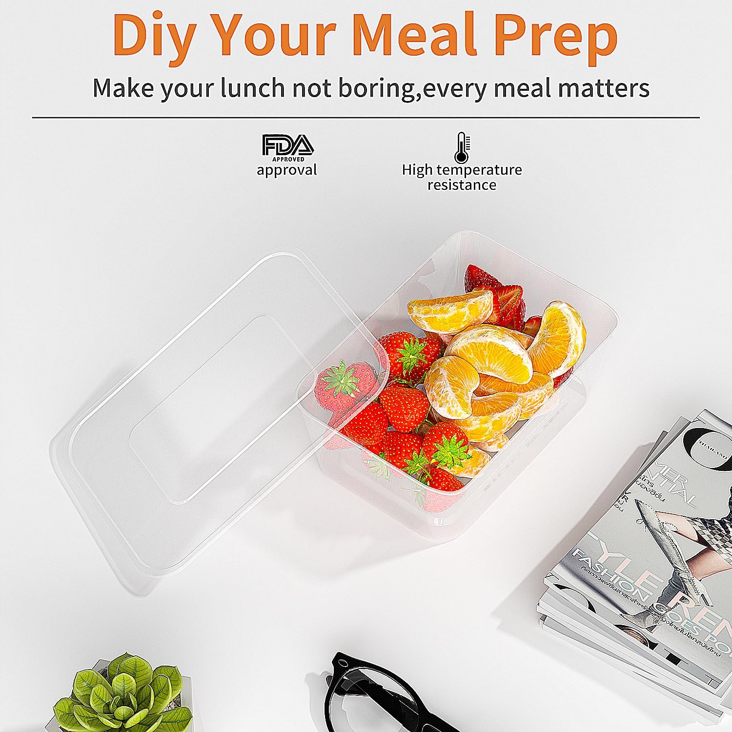Contenedores de preparación de comidas, paquete de 50 recipientes de almacenamiento de alimentos con tapas, caja Bento desechable reutilizable de