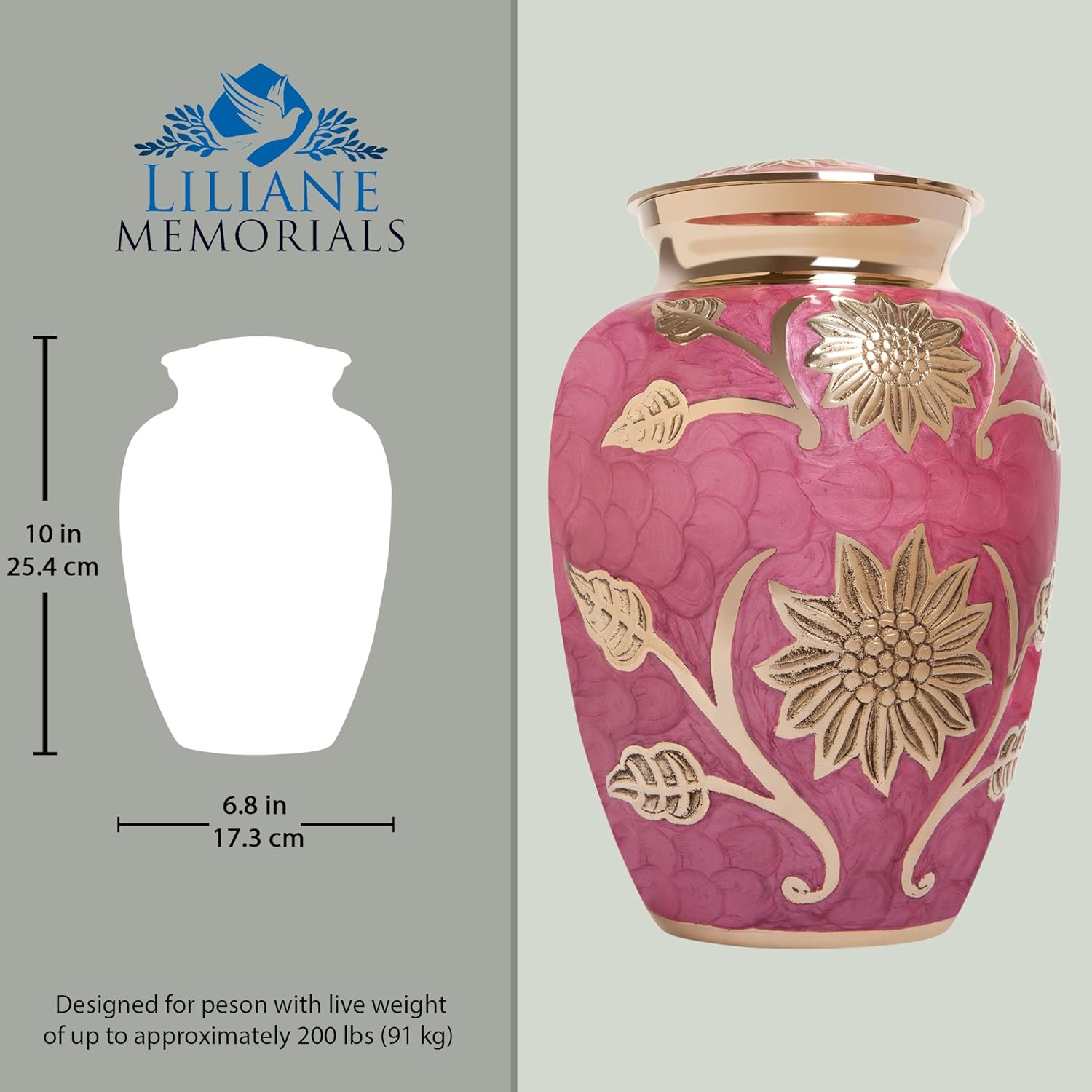 Urna funeraria de flor rosa – Urna de cremación para cenizas humanas – Latón – Adecuado para entierro o nicho de cementerio – Modelo Rose Lisette –