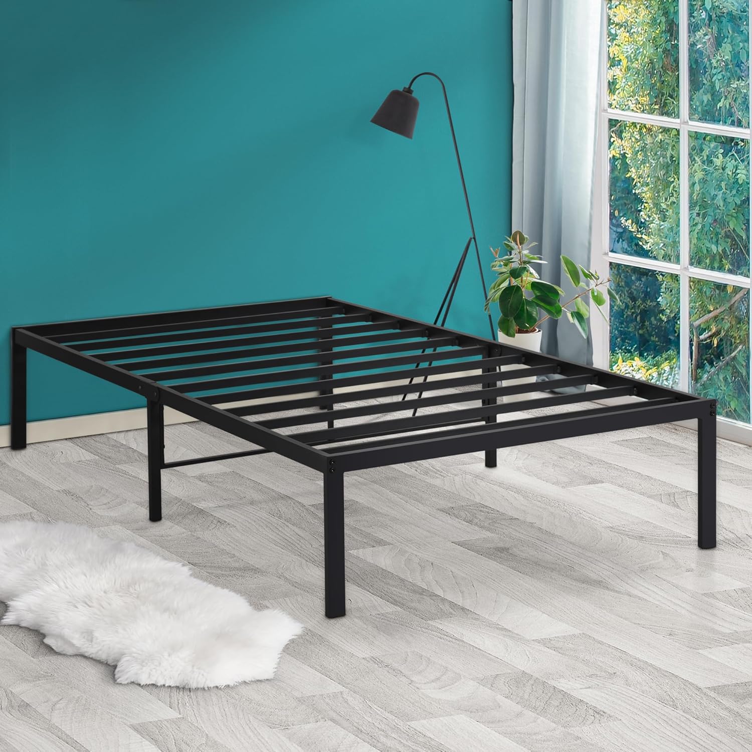 PrimaSleep Marco de cama de acero resistente de 14 pulgadas, antideslizante, cómodo marco de cama, sin ruido, fácil de montar, color negro, tamaño