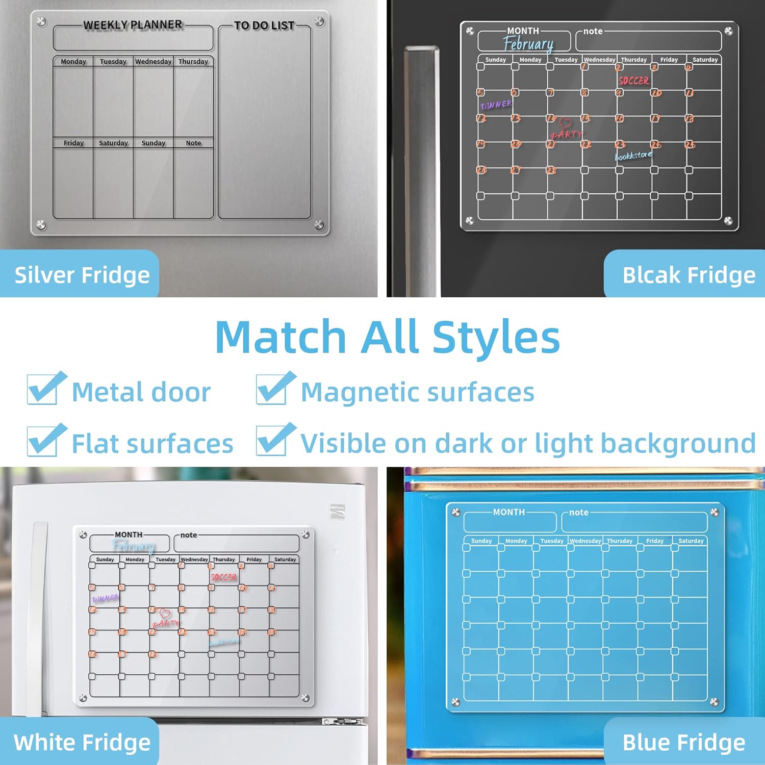 GOLIFE Calendario acrílico magnético para refrigerador, calendario de pizarra de borrado en seco para refrigerador, planificador reutilizable,