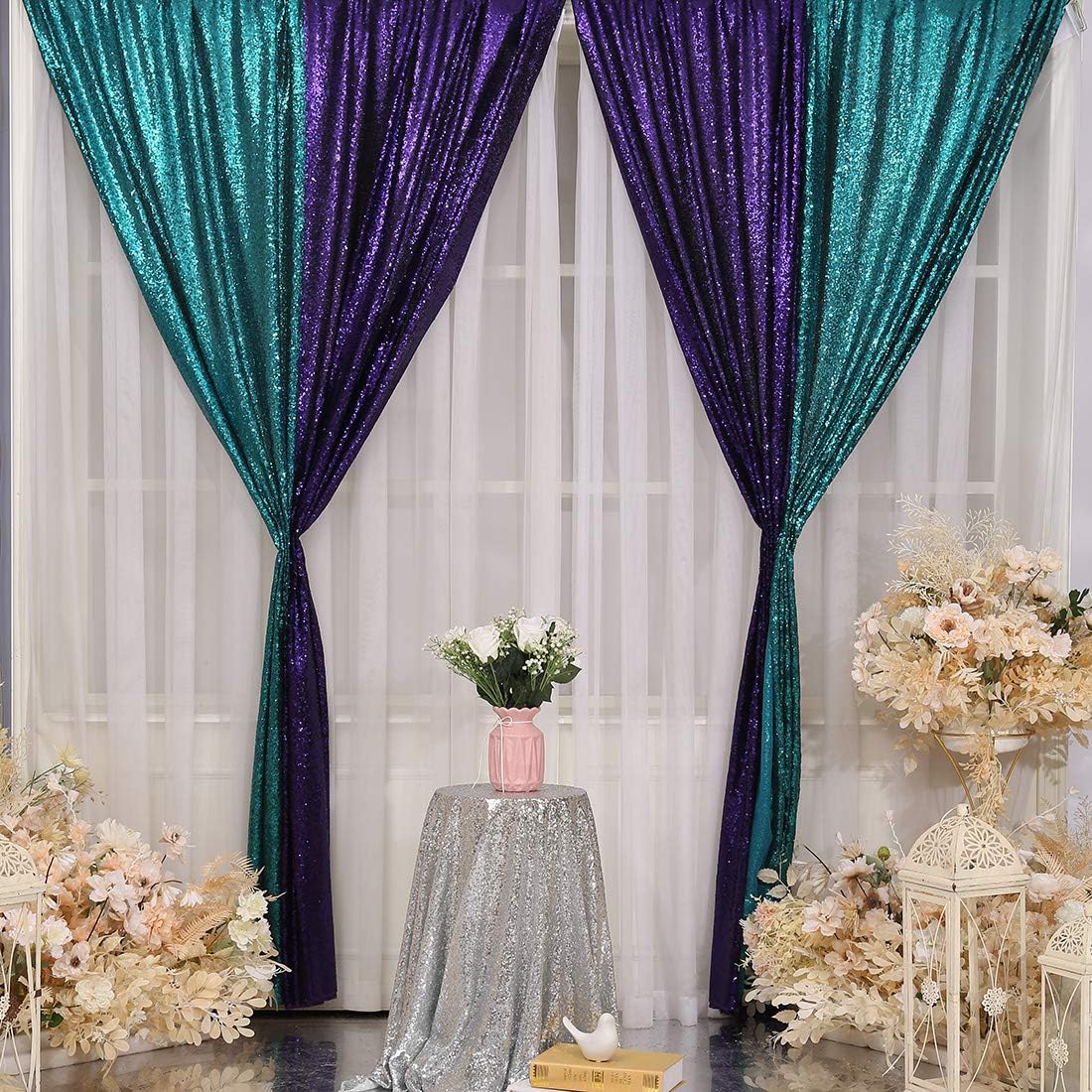 SquarePie Telón de fondo de lentejuelas de 2 x 8 pies, 2 cortinas brillantes de fondo morado para decoración de fiesta de boda de Halloween