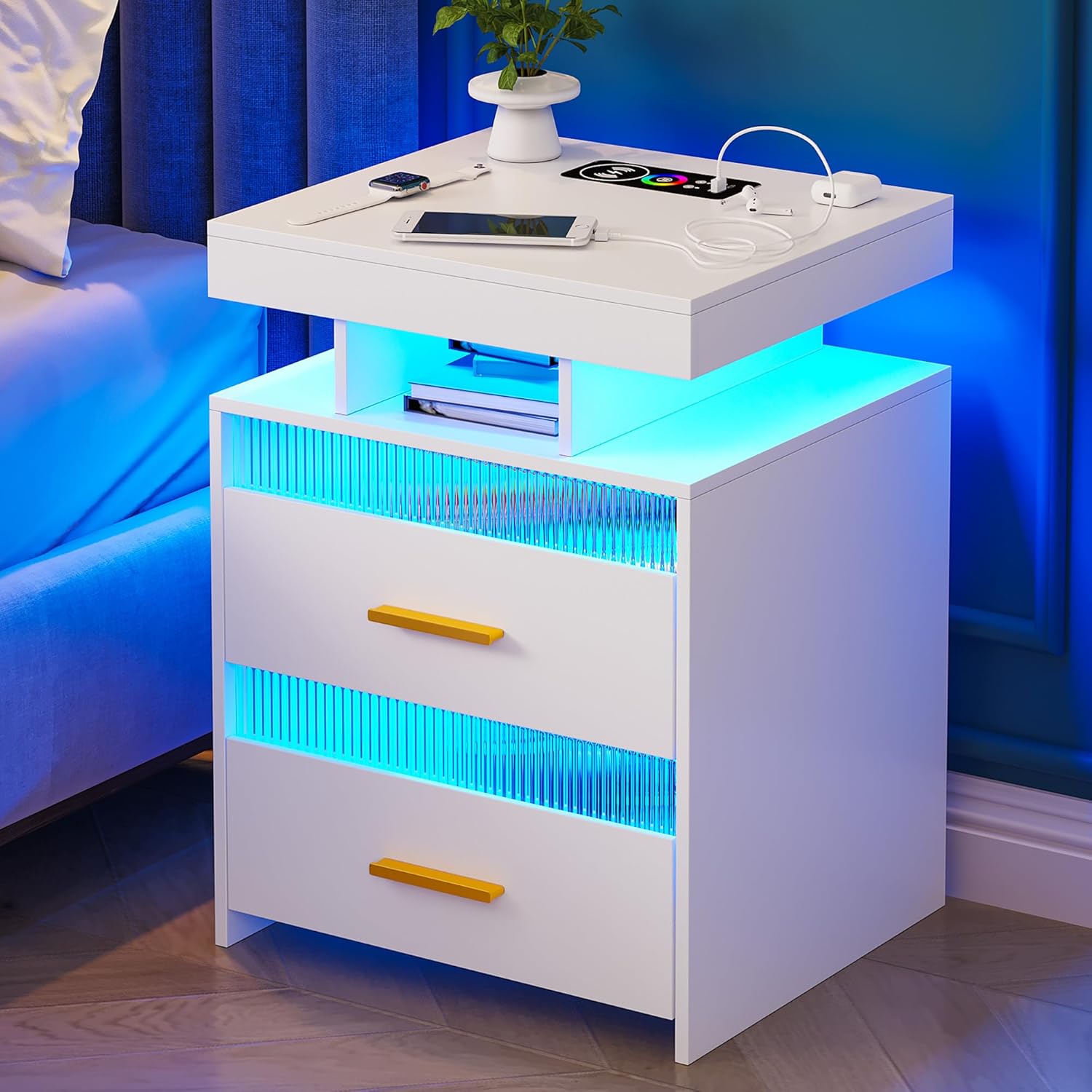 OUTDOOR DOIT Mesita de noche con estación de carga inalámbrica y luces LED, mesitas de noche modernas, mesita de noche con 2 cajones transparentes y