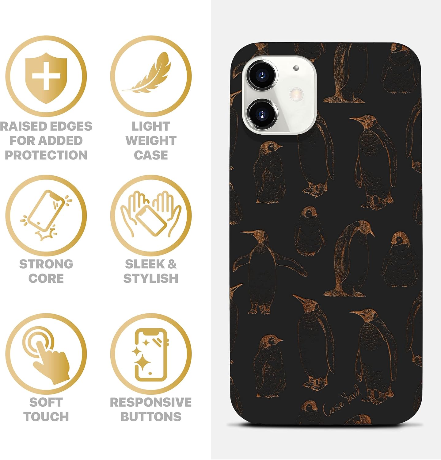 CaseYard Funda de madera para iPhone 11 con grabado láser, diseño de pingüino, compatible con madera negra, funda protectora a prueba de golpes,