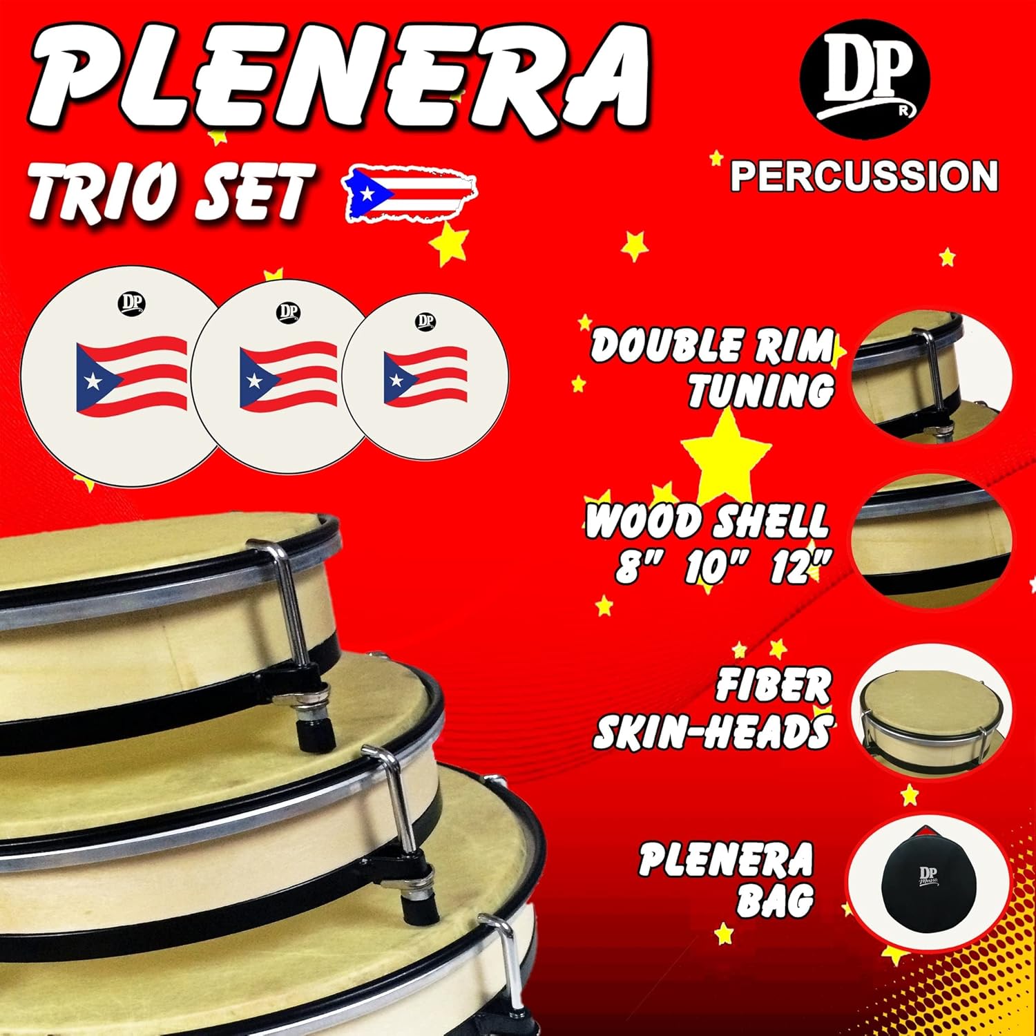 DP Music Set de Panderos – Marco de madera Pleneras Tambores con bandera de Puerto Rico – Estuche de transporte de nailon incluido
