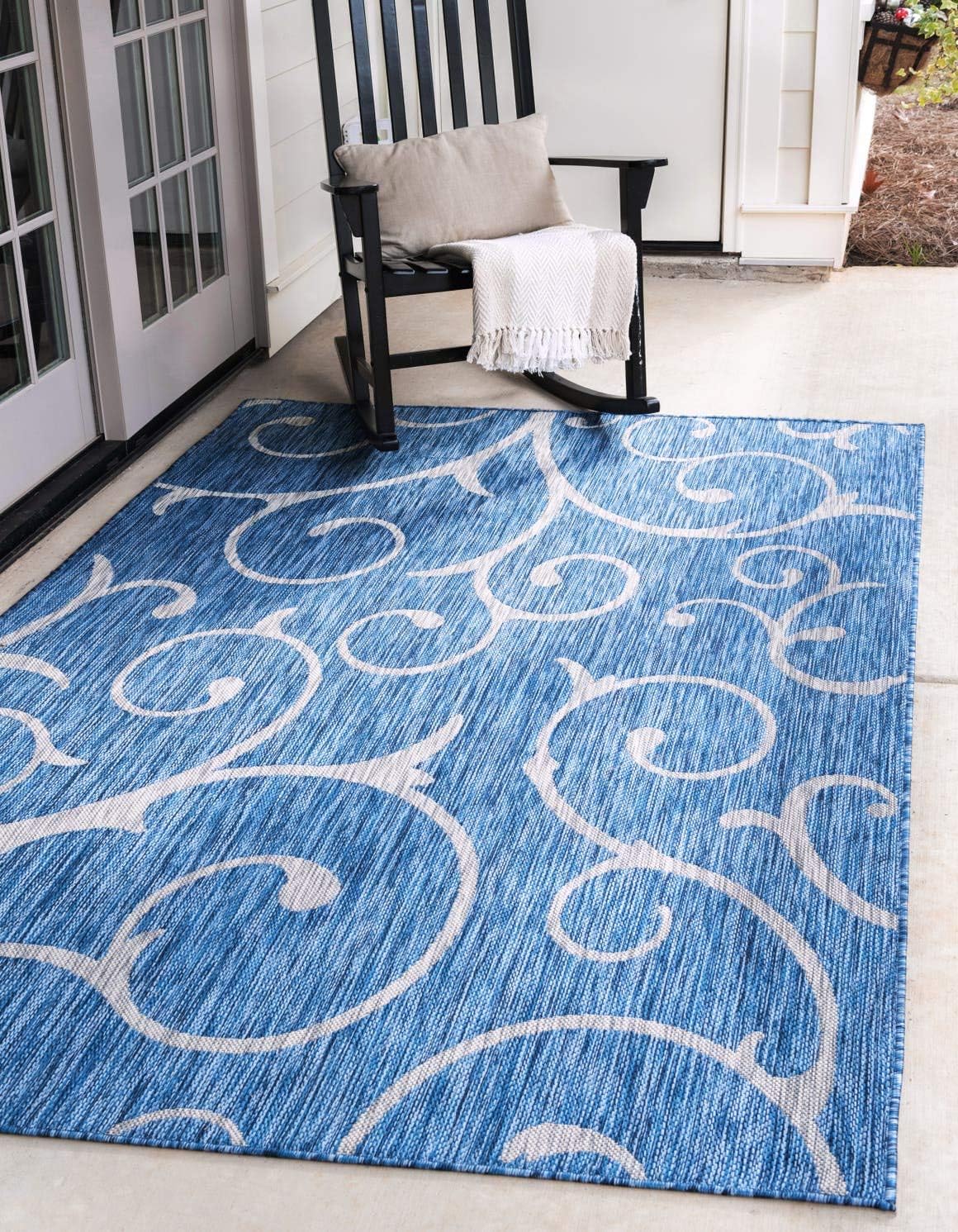 Unique Loom Outdoor Botanical Collection – Alfombra rizada, 7 pies 1pulgada x 10 pies, rectangular, azulmarfil