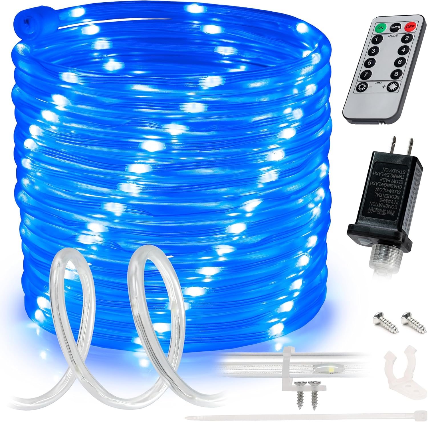 WYZworks Cuerda de luz LED azul de 10 pies, 8 modos, iluminación impermeable para exteriores con control remoto, tubo transparente flexible,