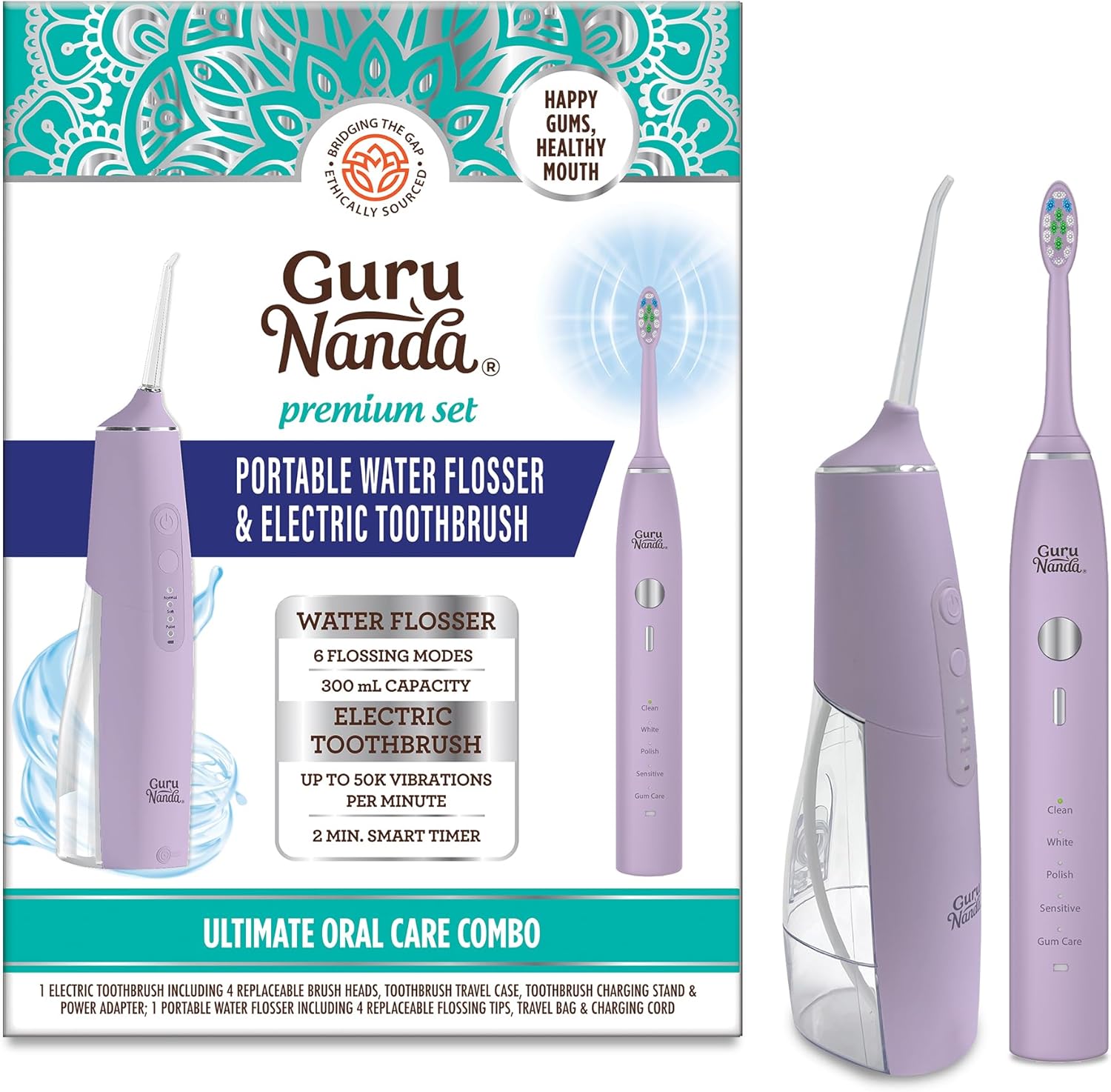 GuruNanda Lion & Lamb Kit (lavanda), irrigador de agua portátil (10.1 fl oz) con 4 puntas de chorro, cepillo de dientes sónico recargable de 5000