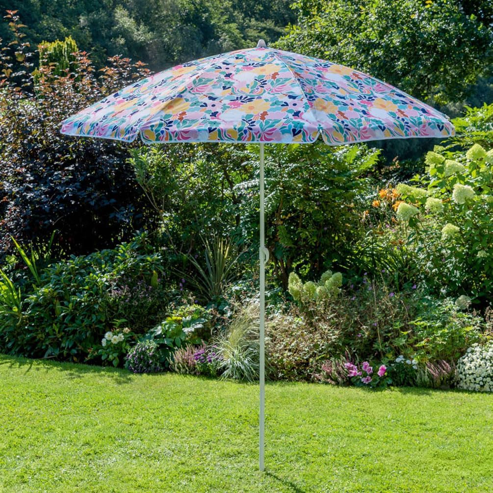 Sombrilla de playa para exteriores de 6.5 pies con anclaje de arena y protección solar UV50+, ligero y portátil, diseño de estampado de flores sin