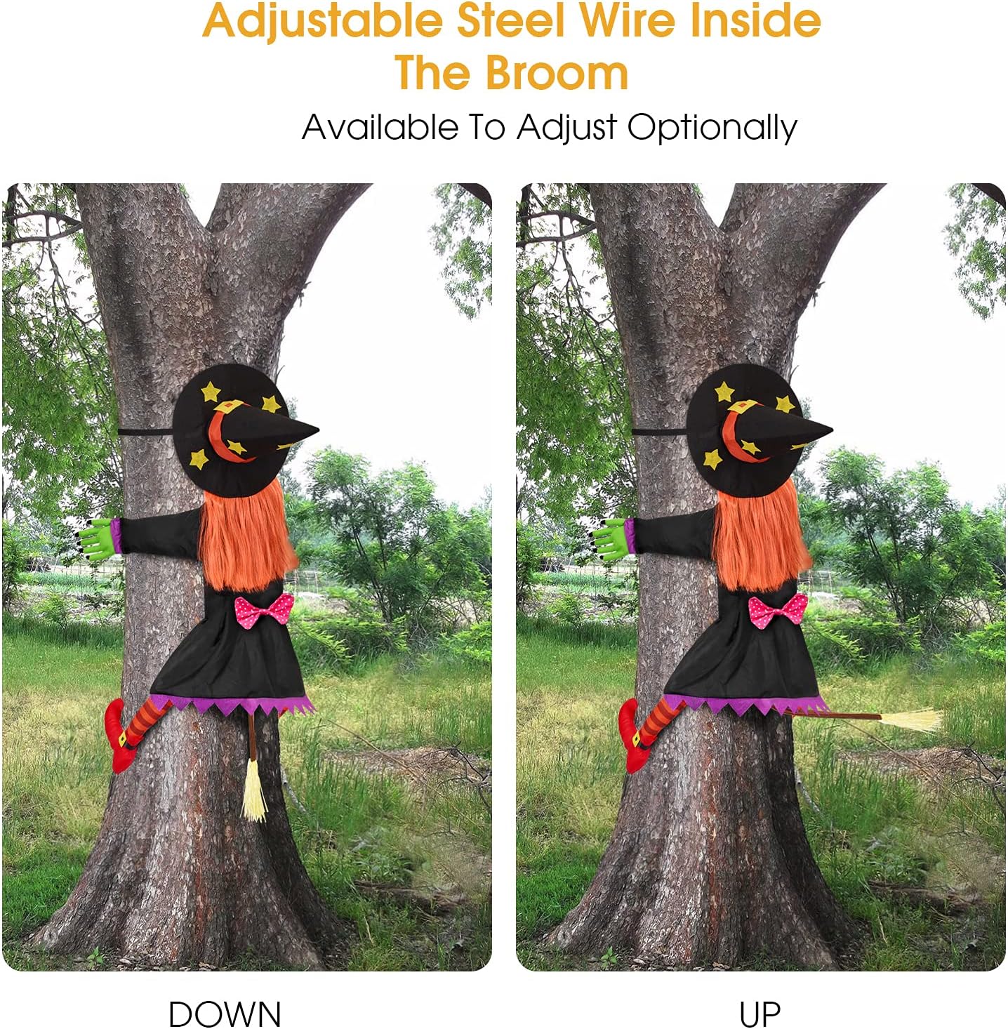 BABYLIAN Bruja grande de 54.3 pulgadas que se estrella en el árbol, decoración de Halloween para patio o casa, decoración interior y exterior,