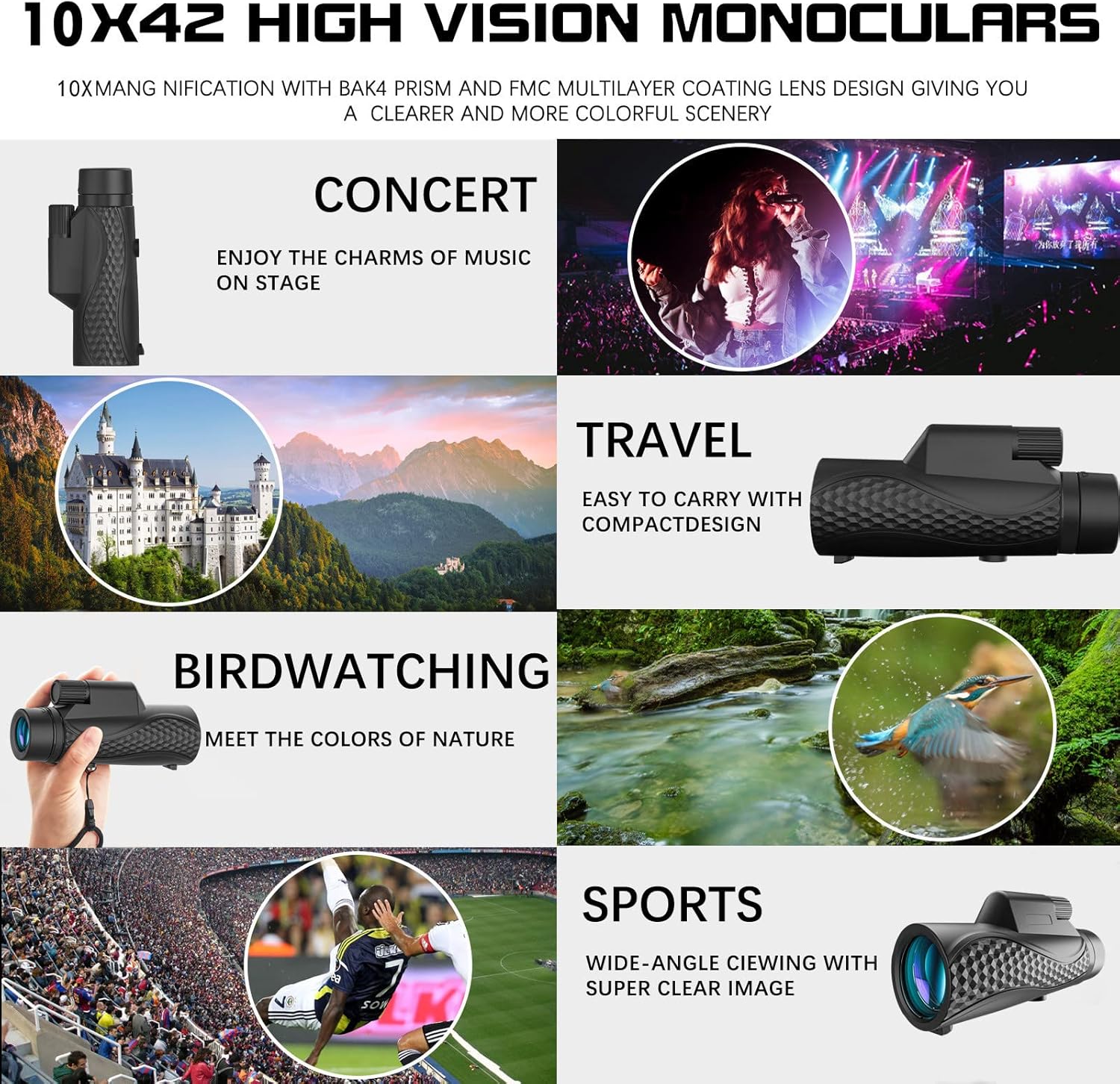 Telescopio monocular monocular 10 x 42 monoculares compacto para adultos monoculares de alta carga con adaptador para teléfono inteligente y trípode