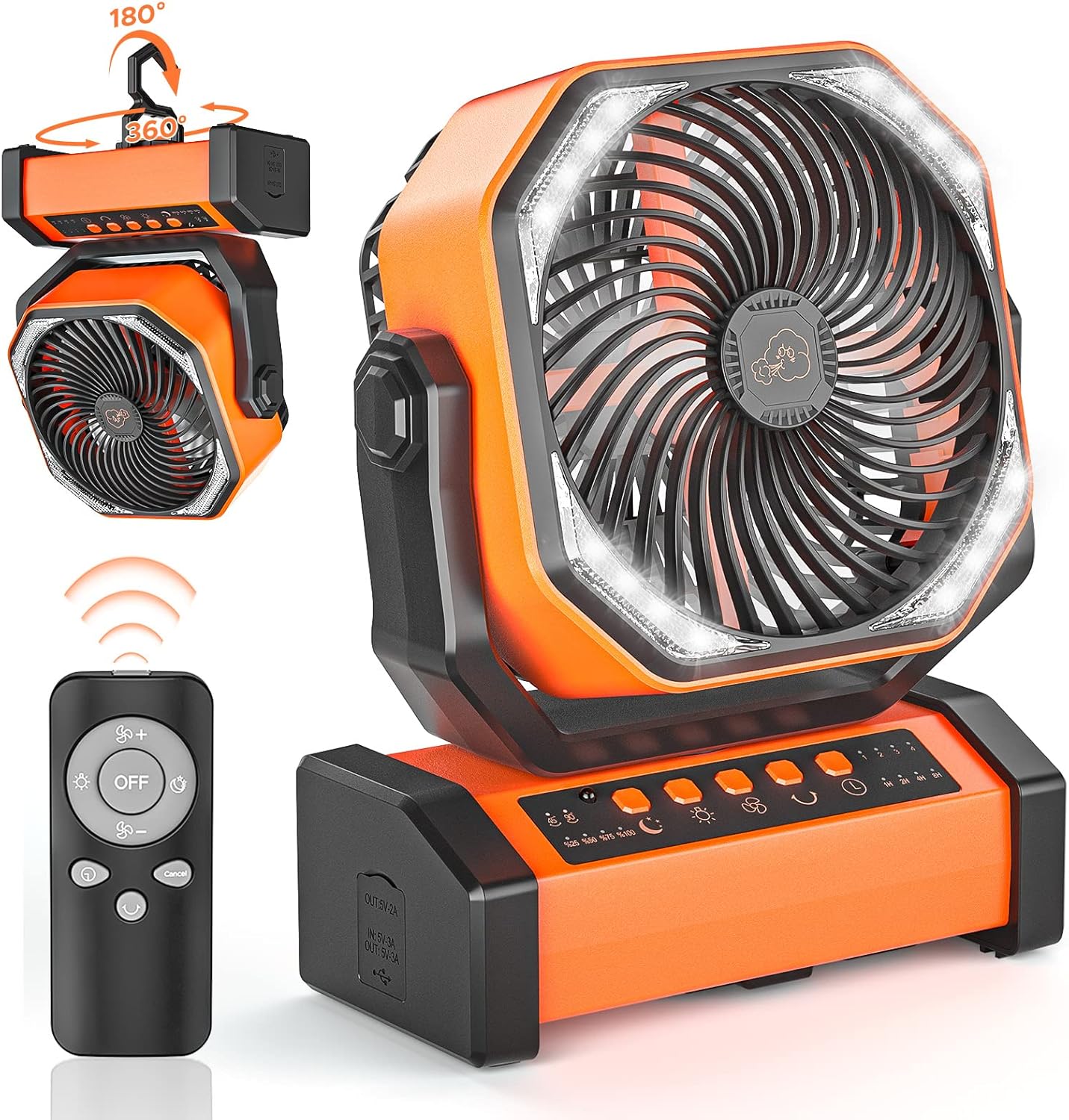 Green Box Innovations Ventilador oscilante automático de 20000 mAh, ventilador de campamento recargable con linterna LED y gancho, adecuado para