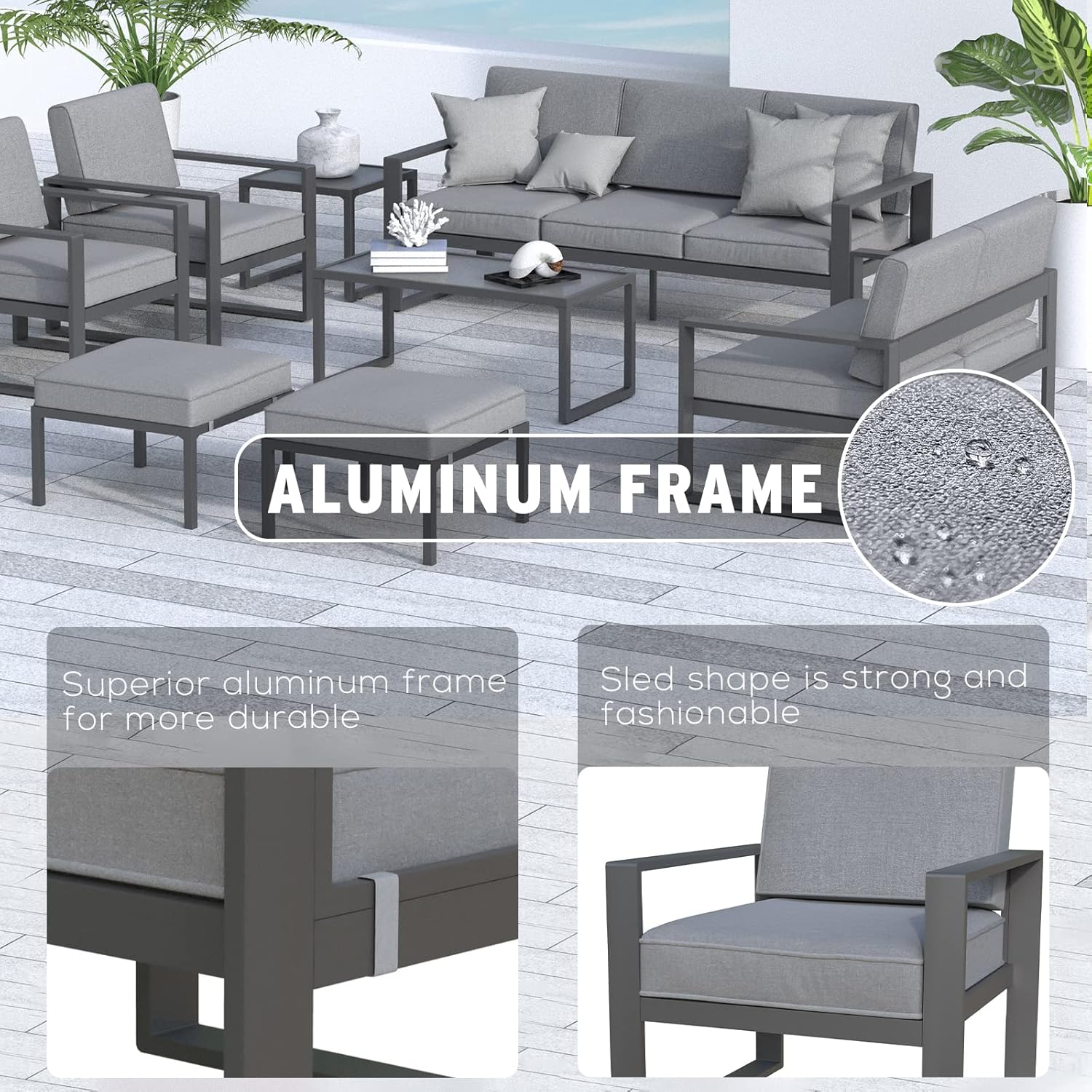 May in Color Sofá biplaza al aire libre de aluminio, muebles modernos de metal para patio, silla contemporánea de 2 asientos con cojín, Gery