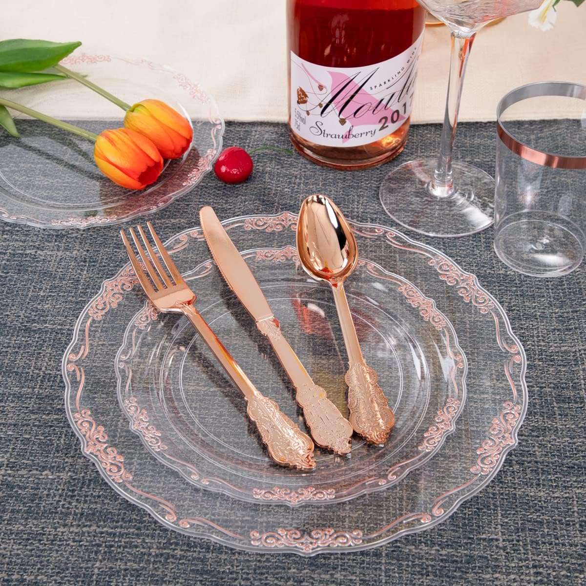 LIYH – 210 platos de plástico transparente y oro rosa con cubiertos desechables de oro rosa que incluyen 30 platos de cena, 30 platos de ensalada,