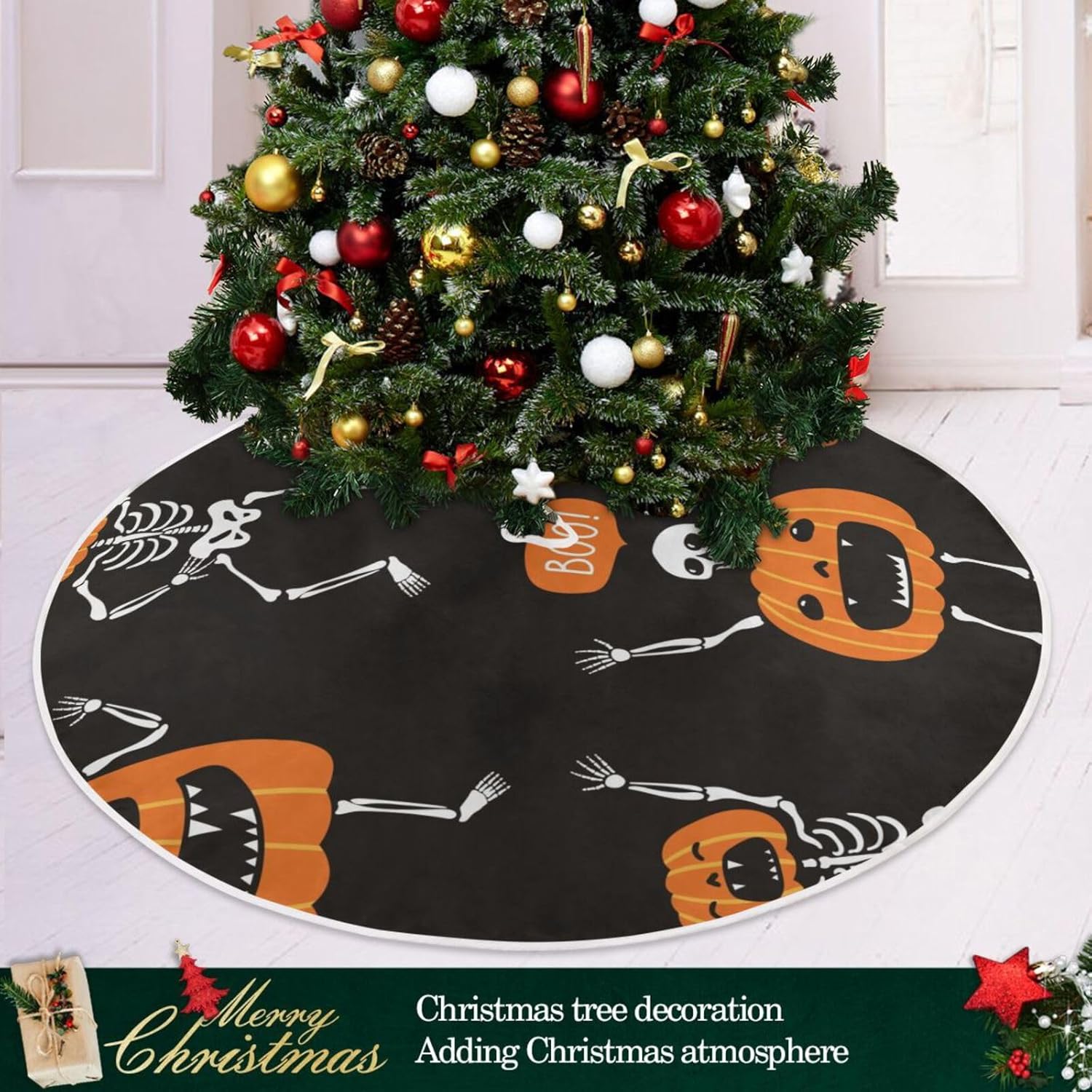 Set Skeletons Pumpkins – Faldones de árbol de Navidad, decoración navideña, falda de árbol mediano, árbol de decoración de Navidad