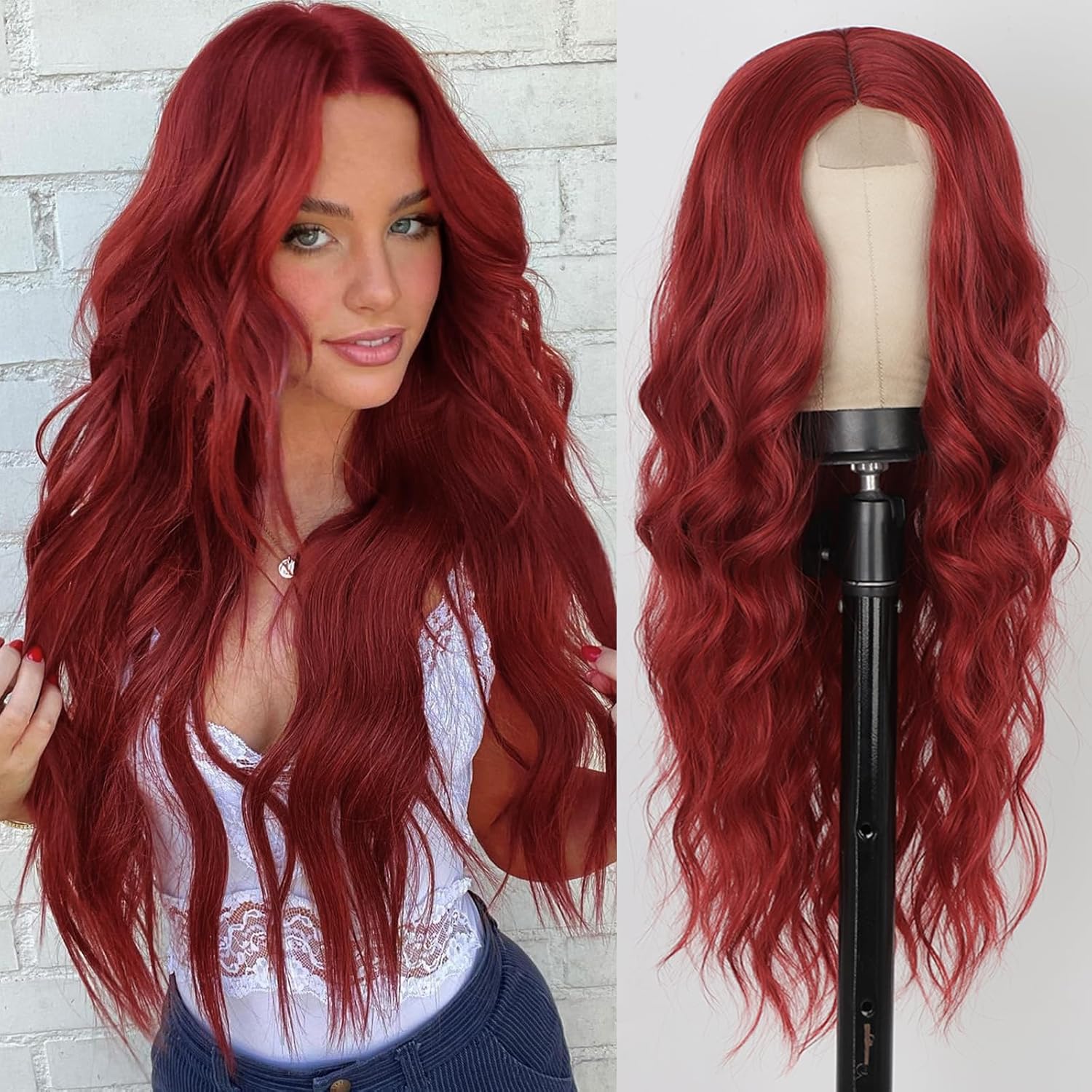 AISI QUEENS Peluca roja larga ondulada roja para mujer, 24 pulgadas, cabello ondulado con raya en medio, resistente al calor, peluca rizada de fibra