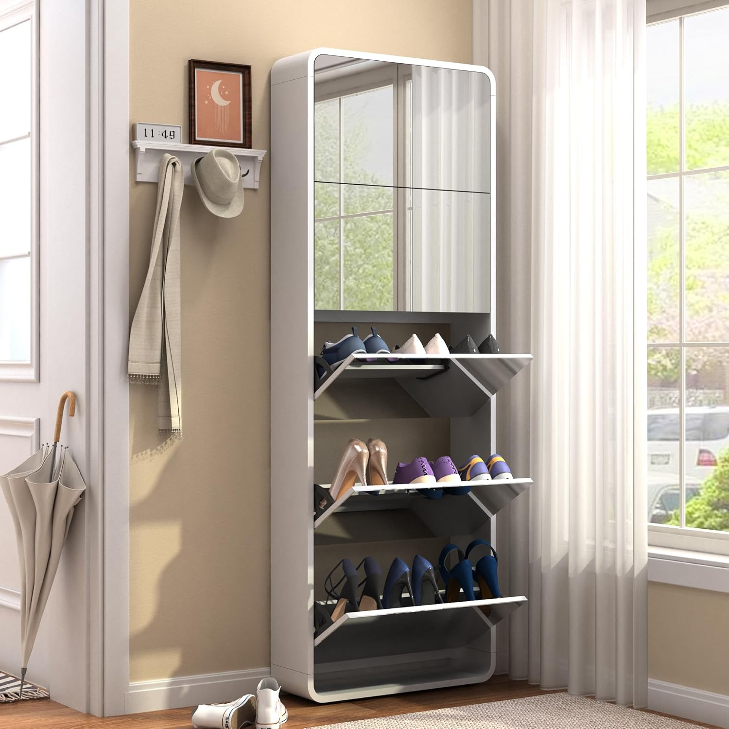 ODUWA Armario de zapatos con espejo, diseño de arco moderno con espejo de longitud completa, 5 cajones abatibles, organizador de zapatos de madera