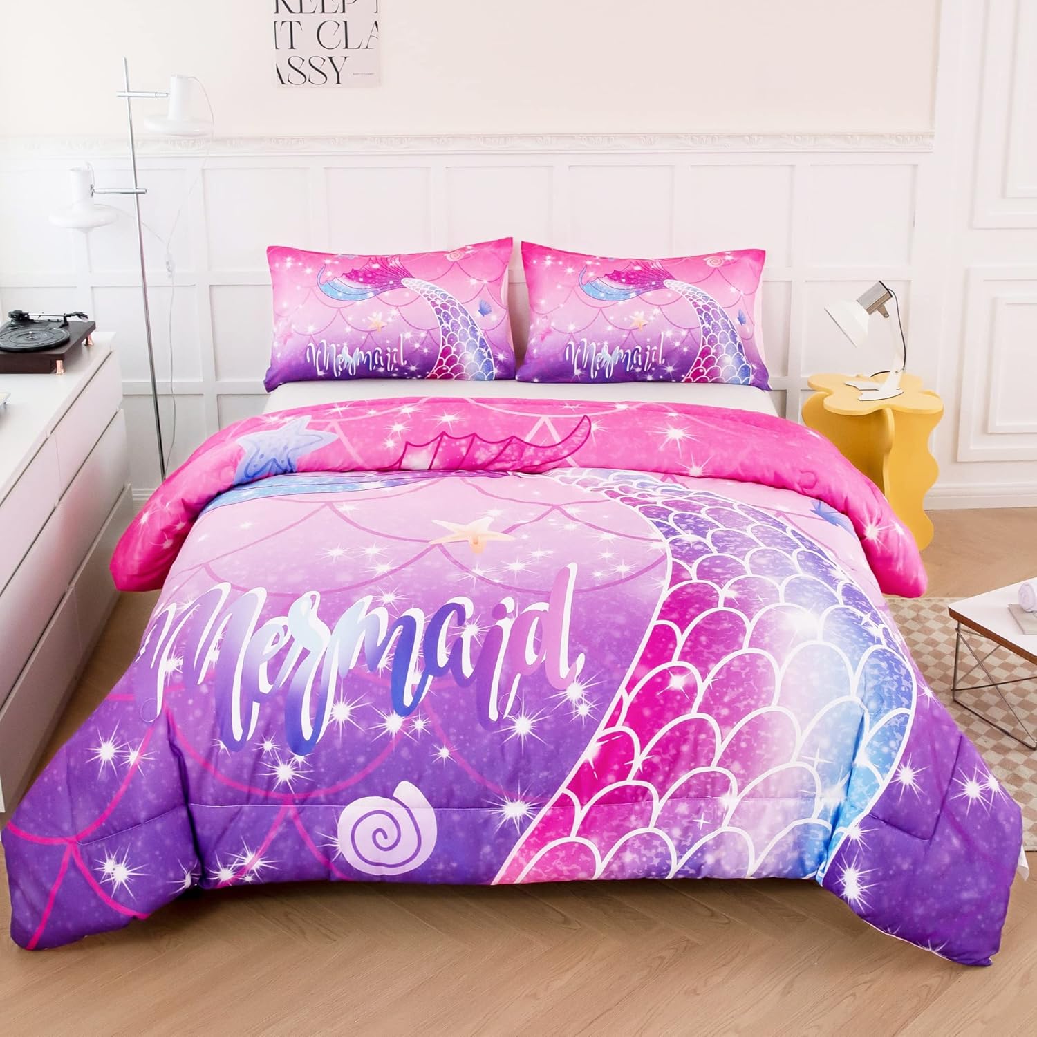 Juego de edredón de sirena de 3 piezas, tamaño matrimonial, juego de edredón degradado, rosa, morado, azul, juego de ropa de cama con patrón de