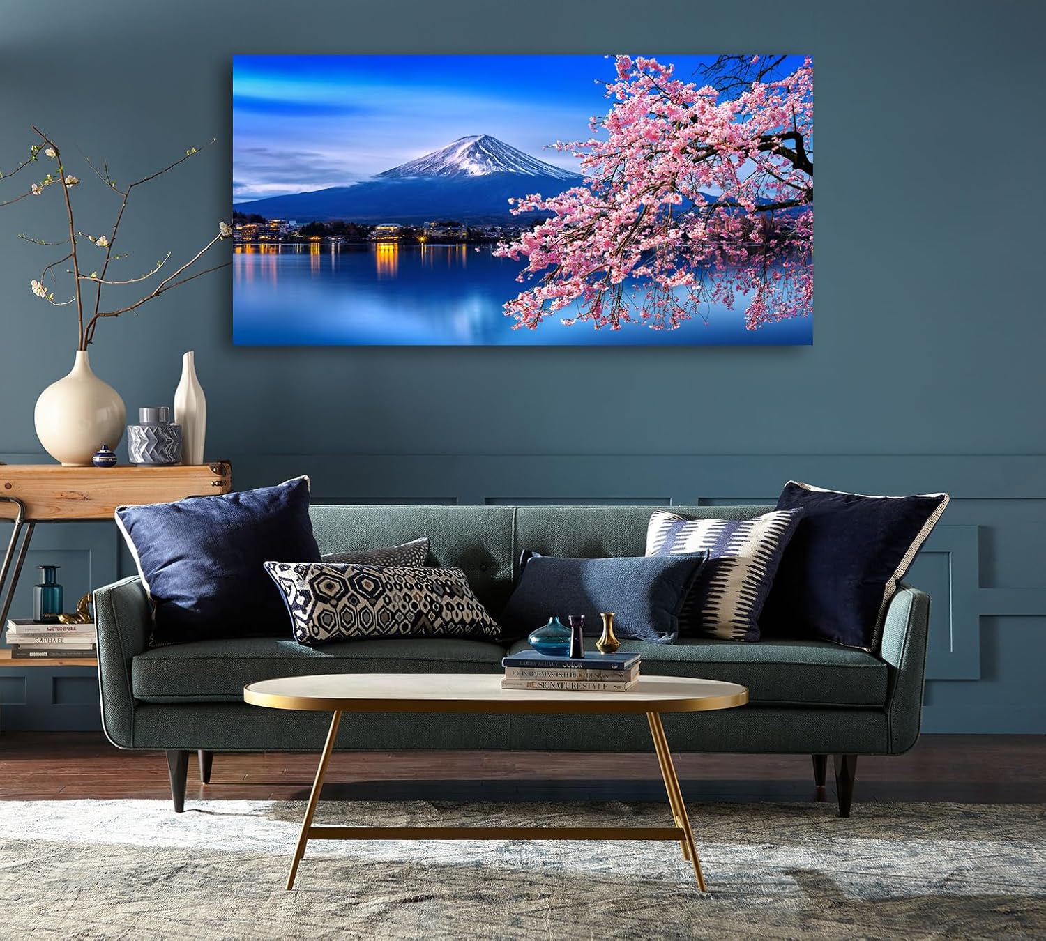 Aibonnly Lienzo decorativo para pared, diseño de cerezos en flor de monte Fuji, 1 pieza, póster enmarcado y estirado listo para colgar para sala de